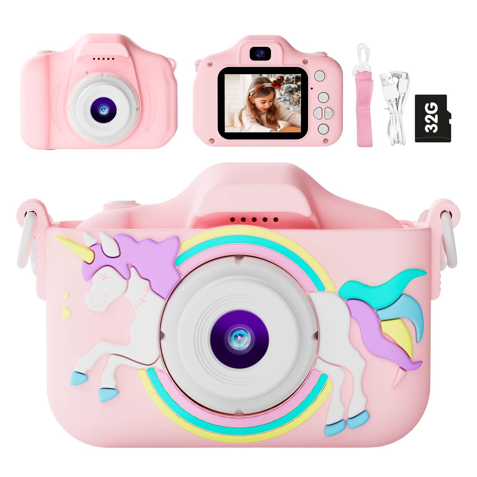 Kids Camera for Boys & Girls, 1080P HD 2.0 Inch Screen Kids Digital Camera with 32GB Card(pink)