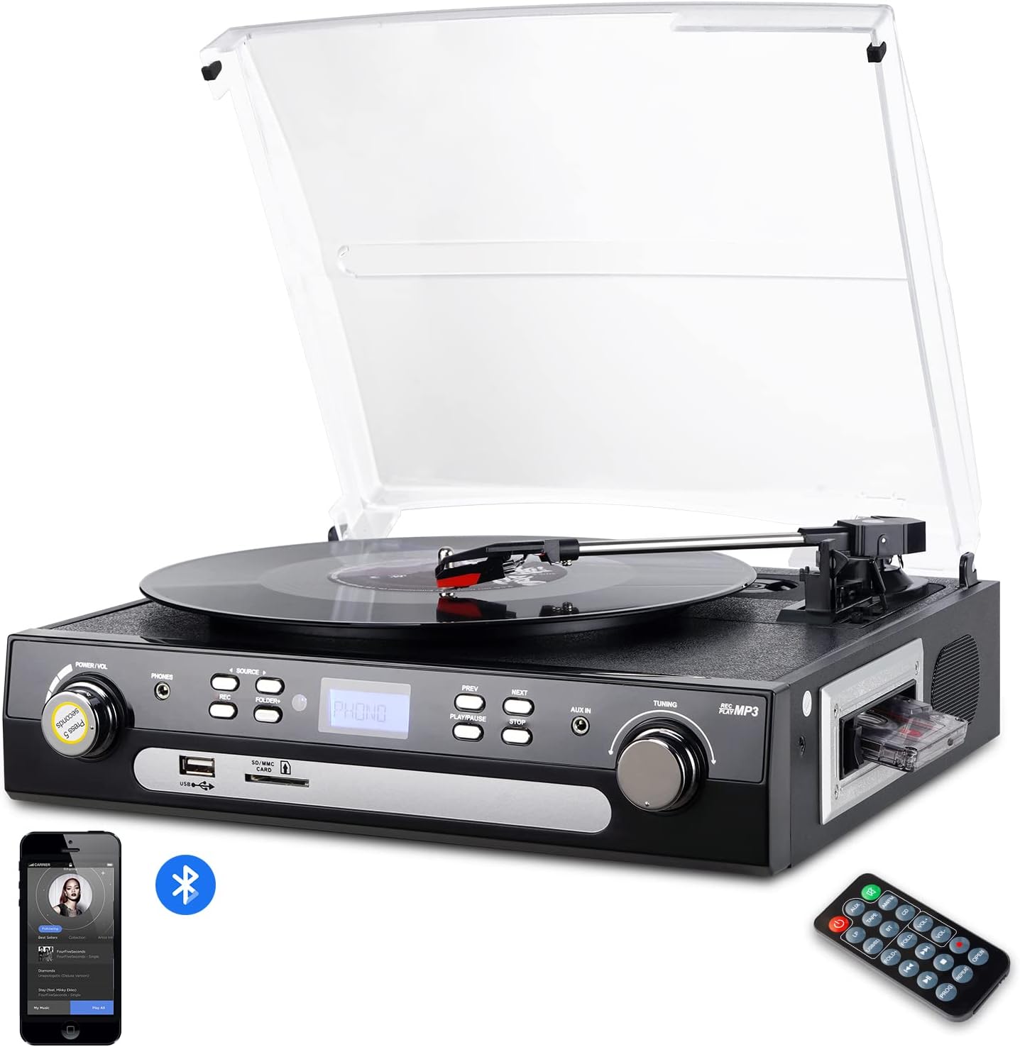 Bluetooth Record Player with Speakers,Support Cassette Play, AM/FM Radio, Remote Control