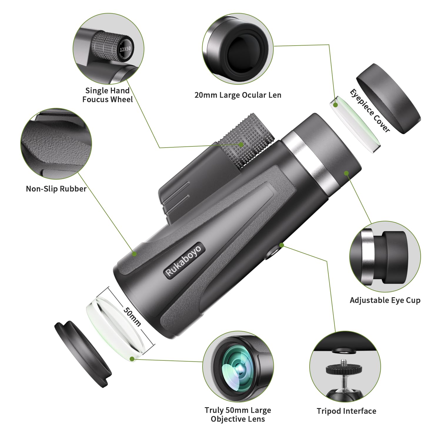 12X50 HD Monocular Telescope High Powered with Smartphone Adapter &Tripod - BAK4 Prism Monocular for Wildlife Bird Watching Hunting Travel Camping Stargazing Hiking(Black)