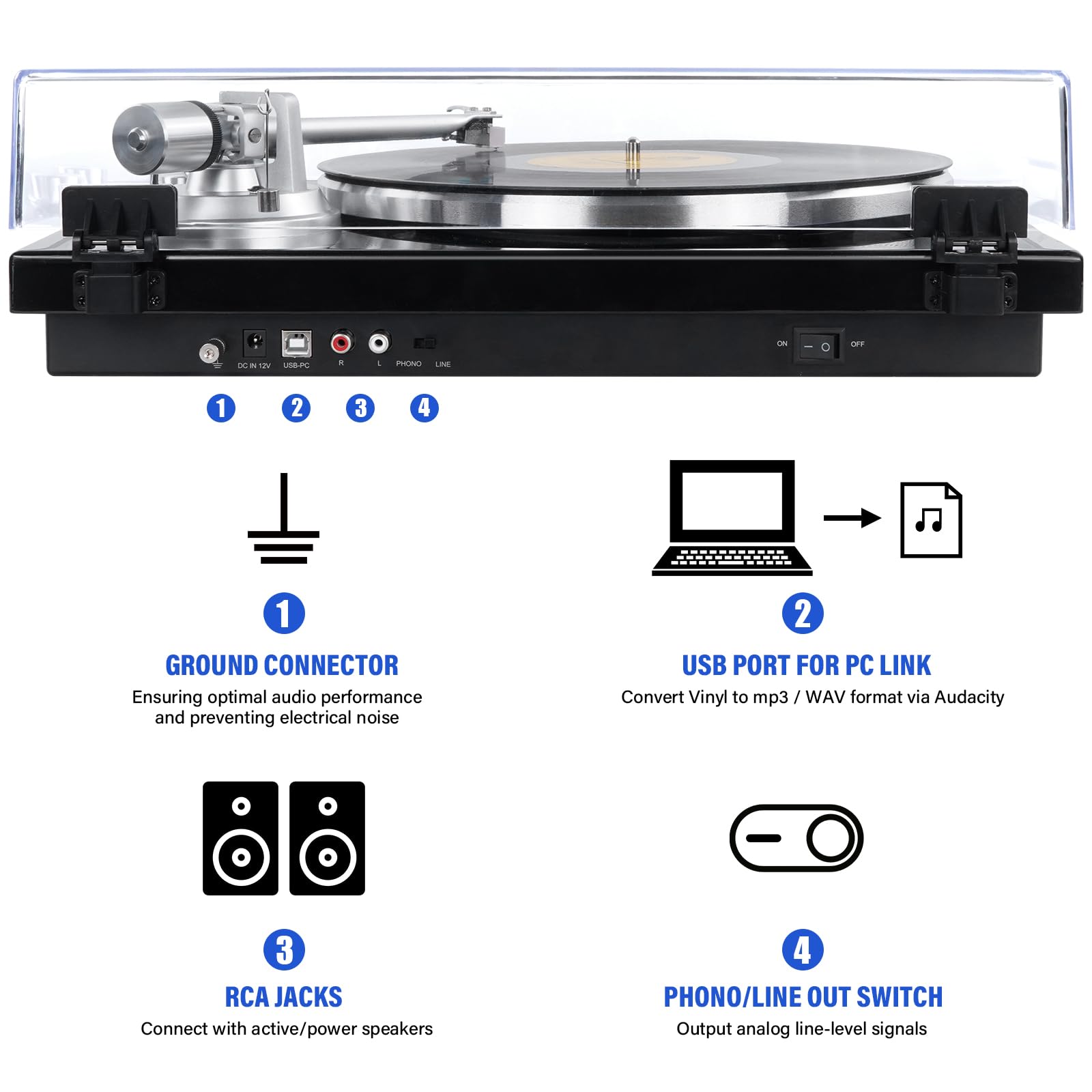 Vinyl Record Player Belt-Drive Turntable for Vinyl Records with Bluetooth Connectivity, USB Digital Output, Magnetic Cartridge & Adjustable Counterweight, AT-3600L, 33 or 45 RPM