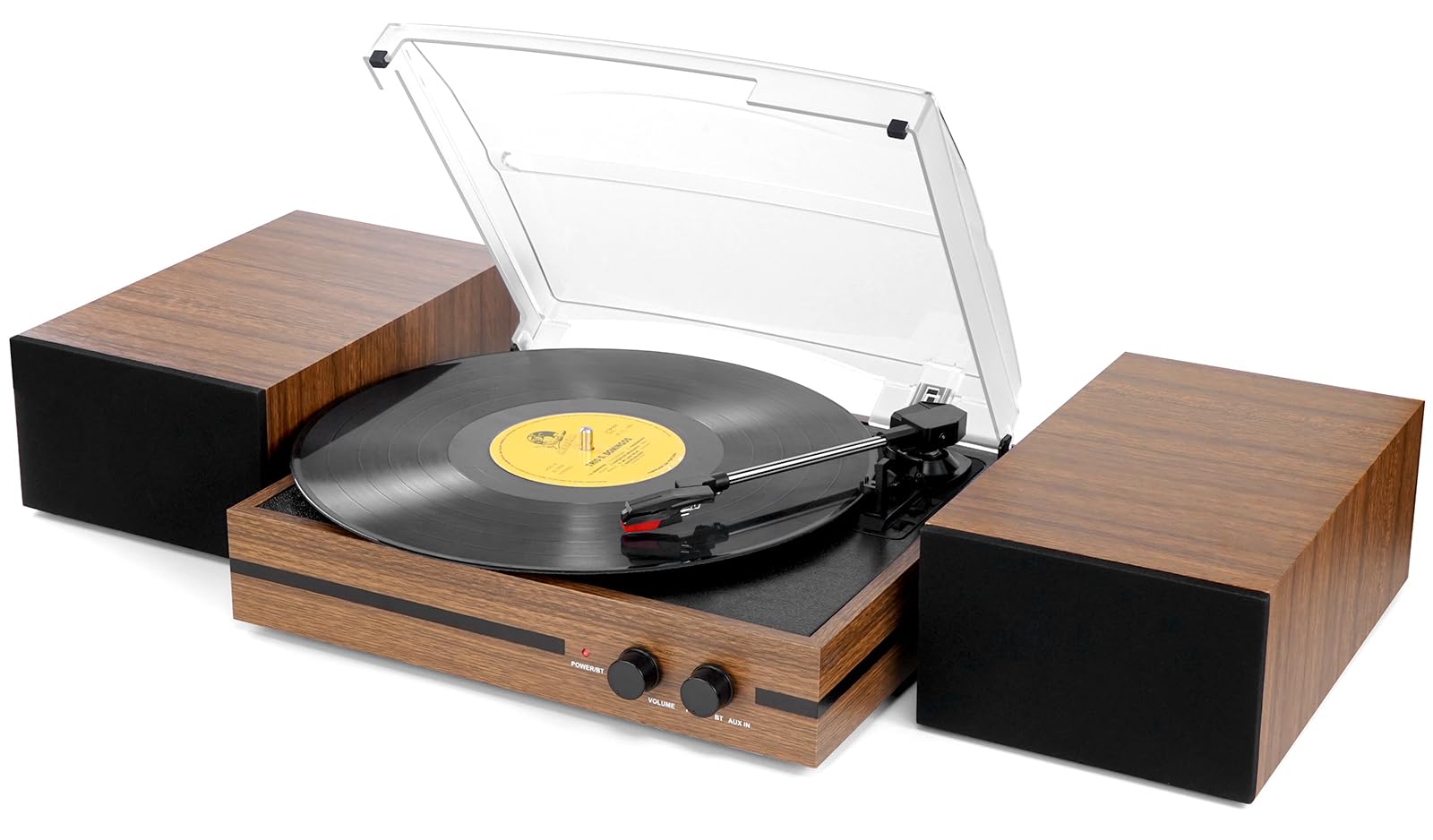 Retro Vinyl Record Player Bluetooth Desktop Phonograph Belt-Drive Turntable with External Speakers,Dual Stereo Speakers LP Players AUX Headphone Input RCA Out, 3 Speeds 3 Sizes Wood Brown