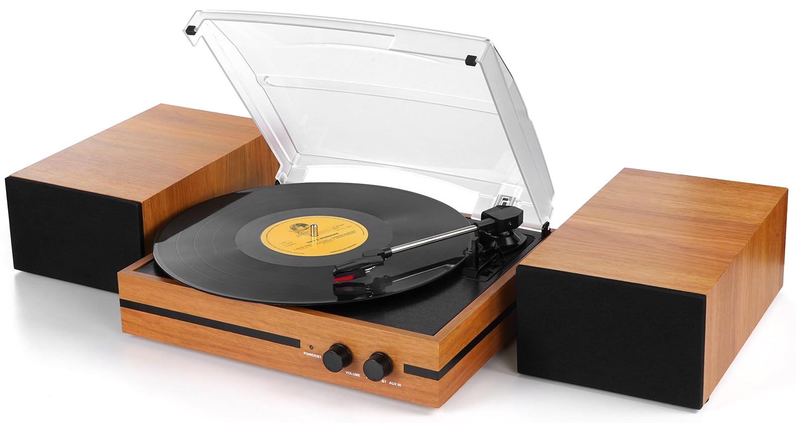 Retro Vinyl Record Player Bluetooth Desktop Phonograph Belt-Drive Turntable with External Speakers,Dual Stereo Speakers LP Players AUX Headphone Input RCA Out, 3 Speeds 3 Sizes Wood Orange