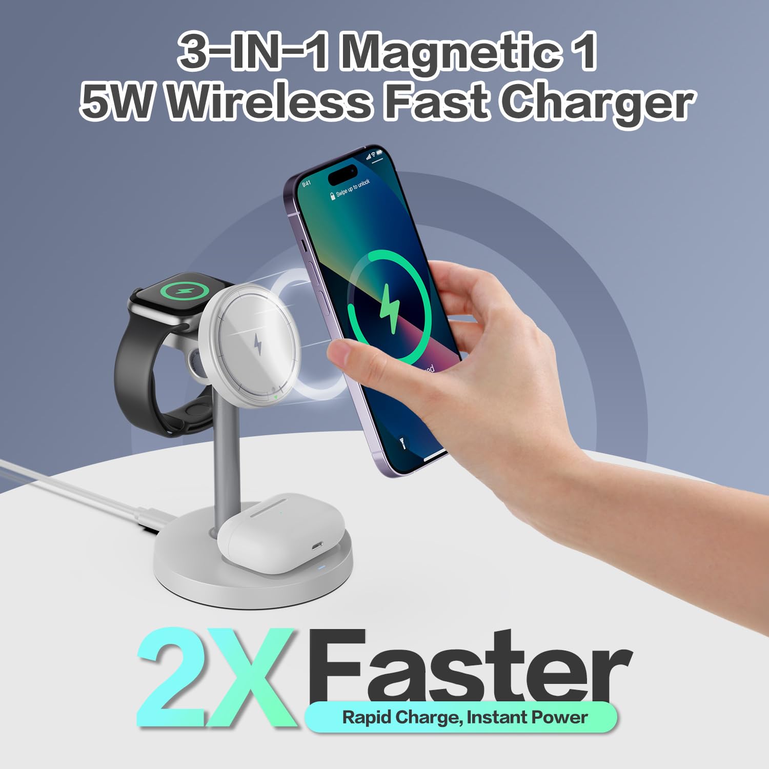 3 in 1 Wireless Charging Station Compatible with MagSafe, 15W Fast Charging Magnetic Mag-Safe Charger Stand for Apple iPhone 17 16 15 14 13 12Series Apple Watch AirPods Pro 4 3 2, Gifts for Men Women