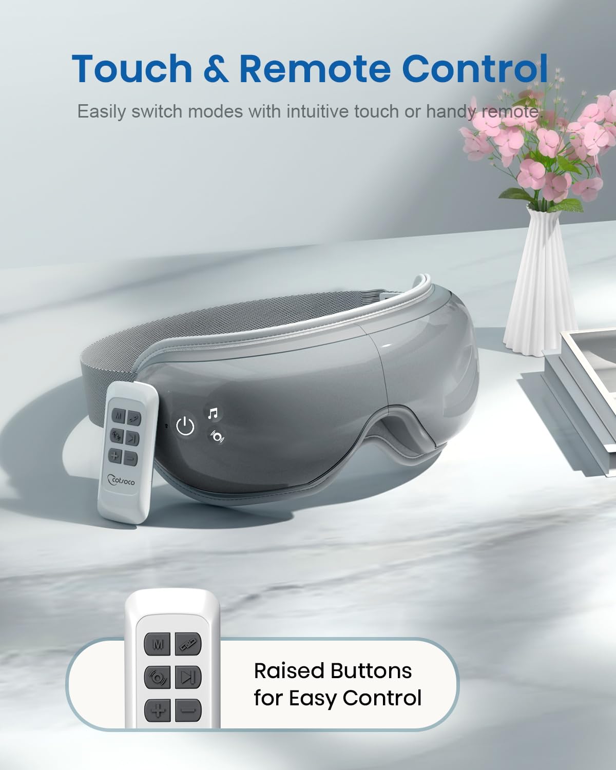 Cotsoco Eye Massager with Heat, Remote, and Compression, Adjustable Foldable Sleep Mask for Relaxing Eyes and Better Sleep, Migraine Relief Device, Birthday Gifts for Women Men Her Him-Gray