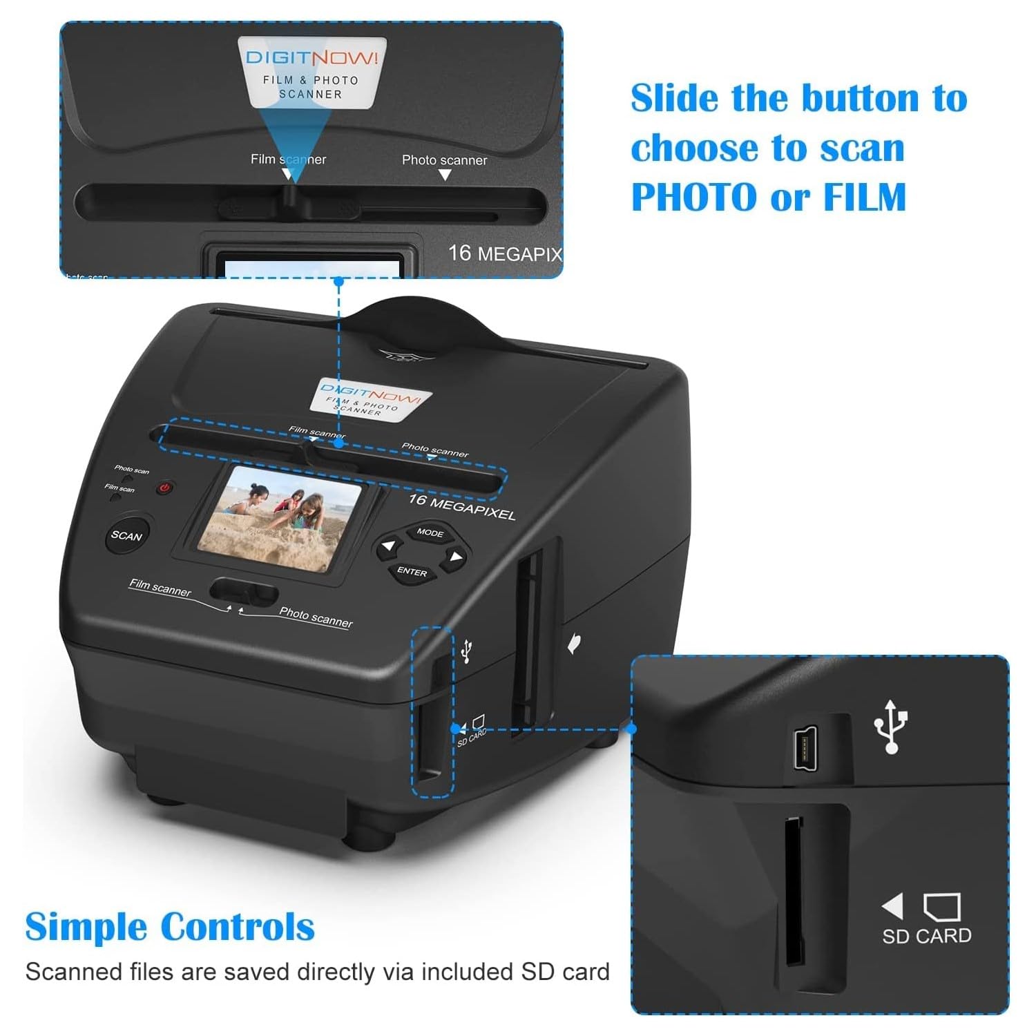 2.4"LCD Film & Photo Scanner with 22MP ,Support 35mm/135 Slides & Negatives Film, Photo, Black