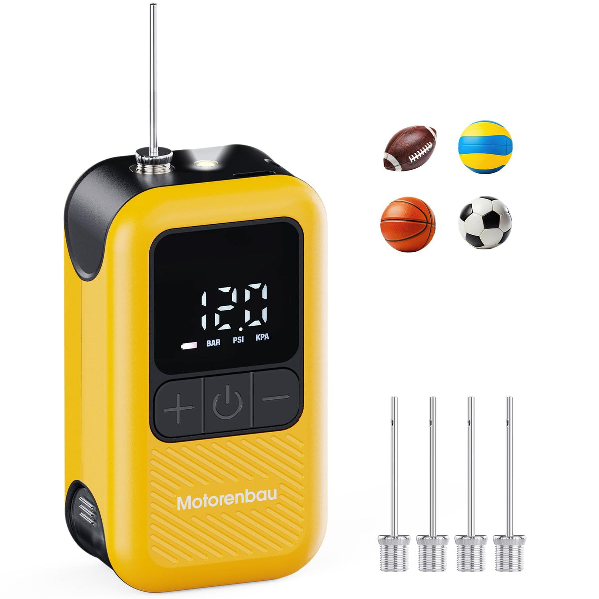 Motorenbau Electric Ball Pump for Sports Balls with LCD Display & LED Light-yellow