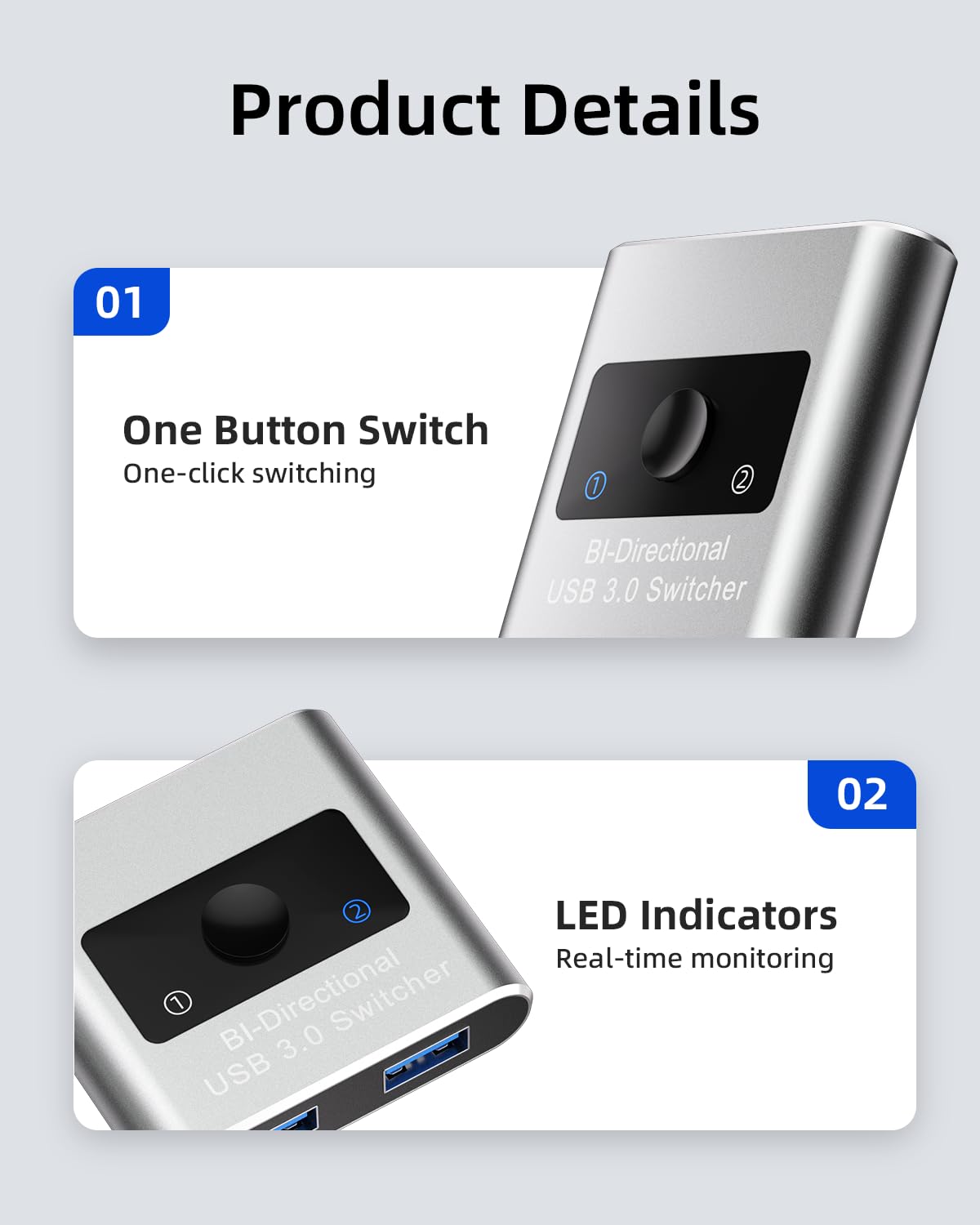 Aluminum Bi-Directional USB3.0 Switch 2 in 1 Out / 1 in 2 Out for 2 Computers