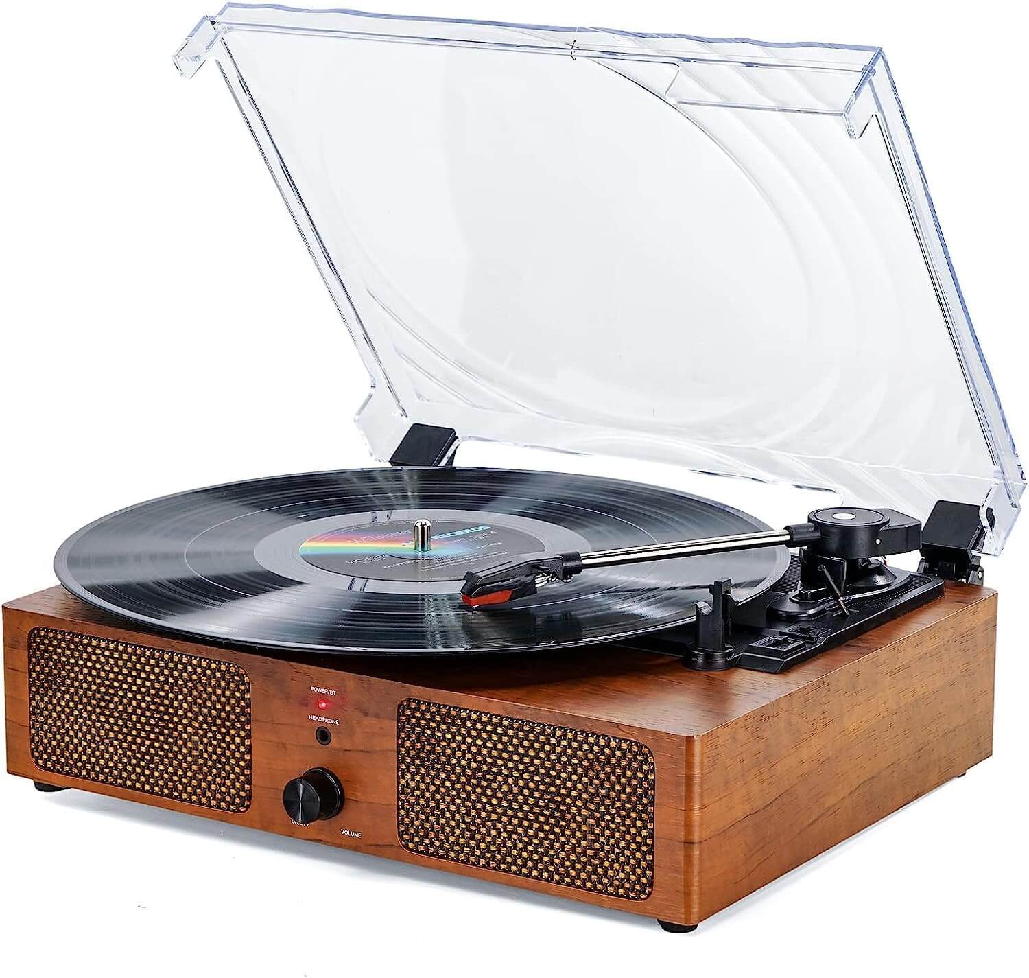 Bluetooth Vinyl Record Player with Built-in Speakers, RCA Output USB Aux In Headphone Auto-Stop Portable