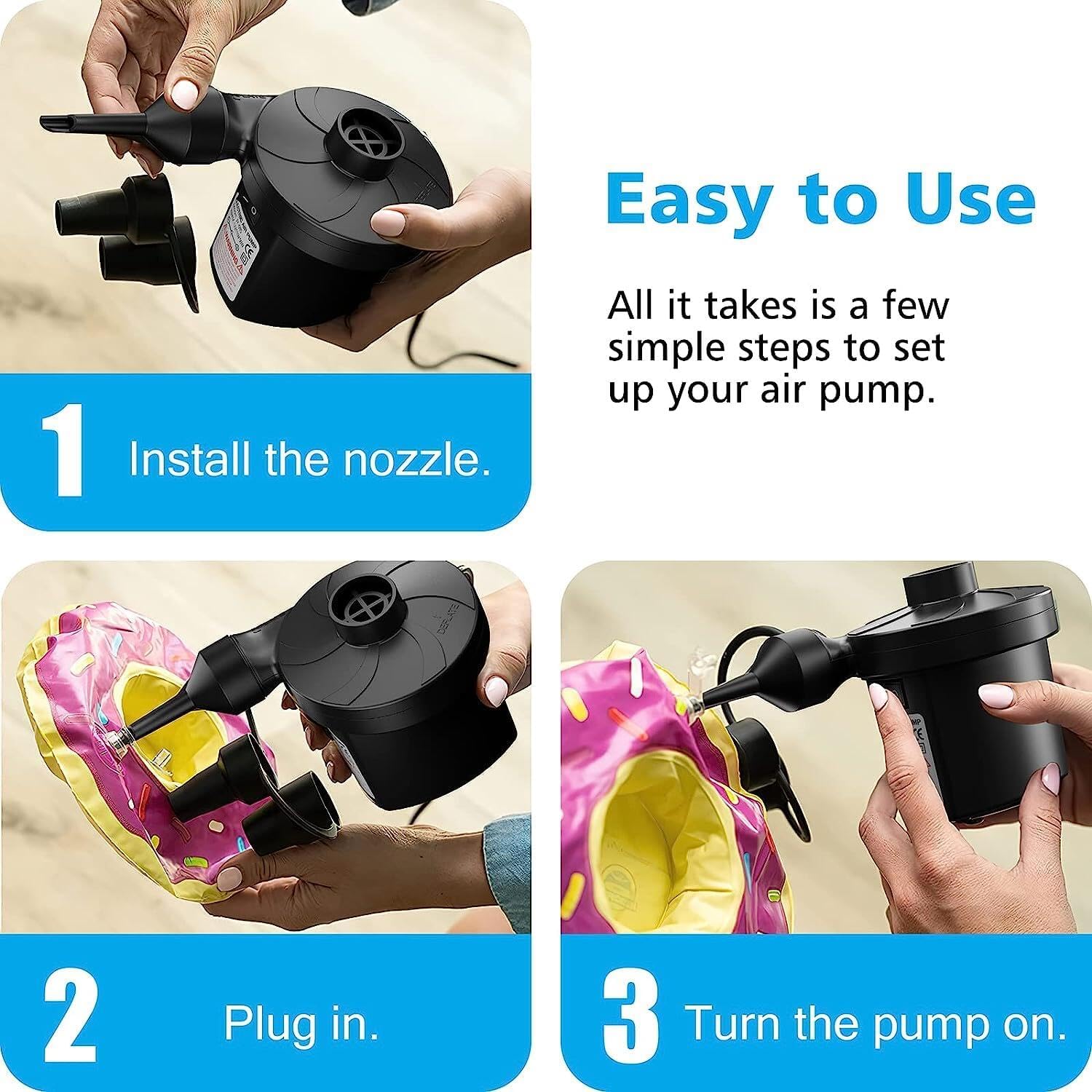 Portable Quick-Fill Air Pump with 3 Nozzles,110V AC/12V DC,Inflator & Deflator Pumps