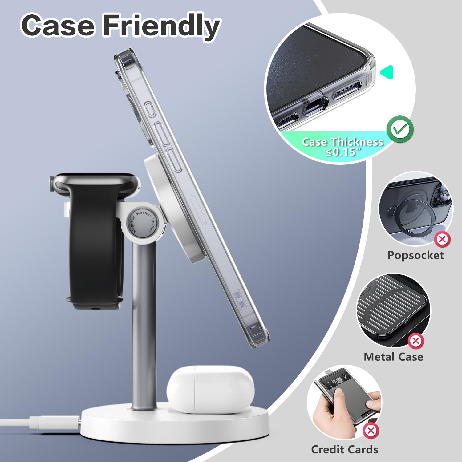 3 in 1 Wireless Charging Station Compatible with MagSafe, 15W Fast Charging Magnetic Mag-Safe Charger Stand for Apple iPhone 17 16 15 14 13 12Series Apple Watch AirPods Pro 4 3 2, Gifts for Men Women