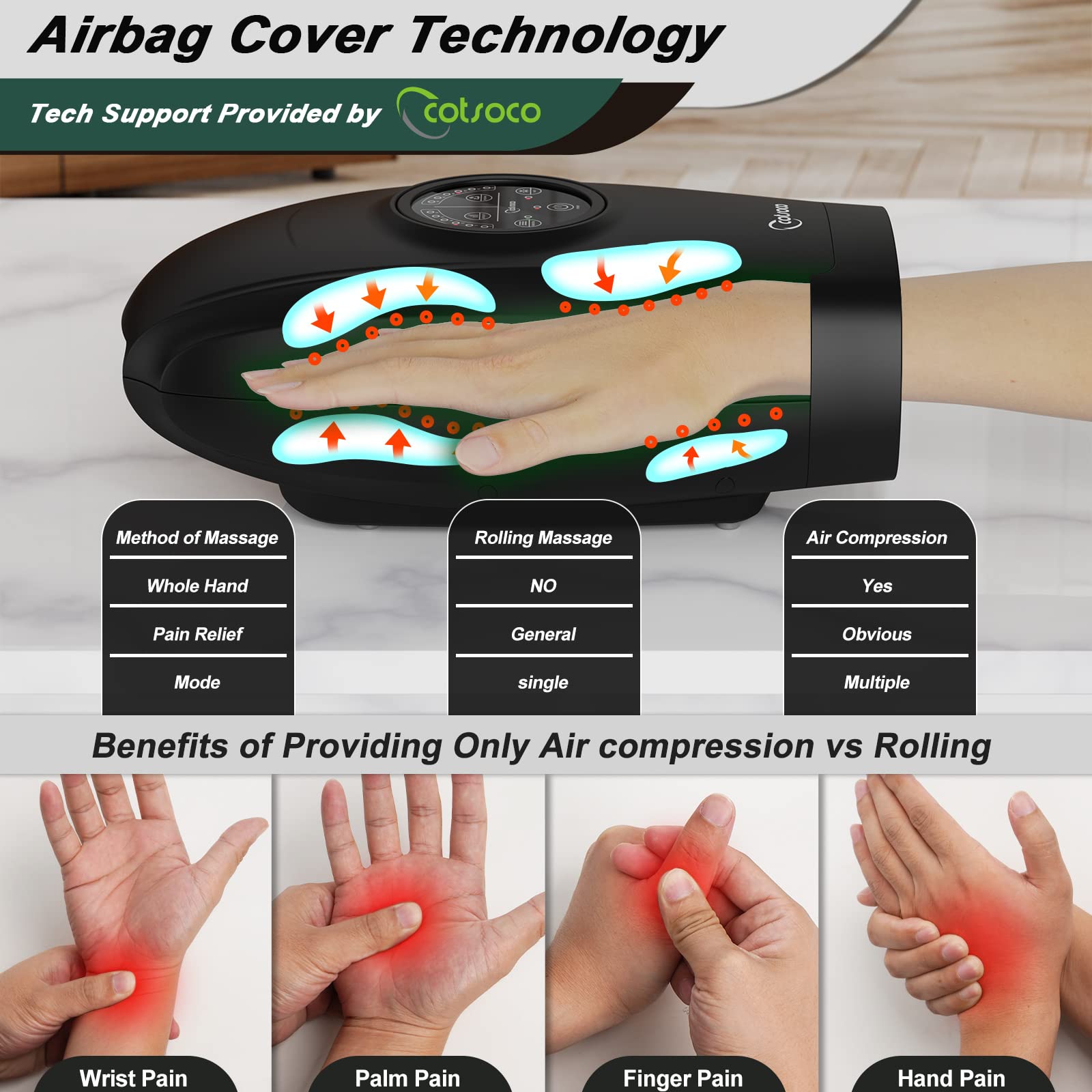 Cordless Hand Massager with Heat and Compression for 6 Levels(black)