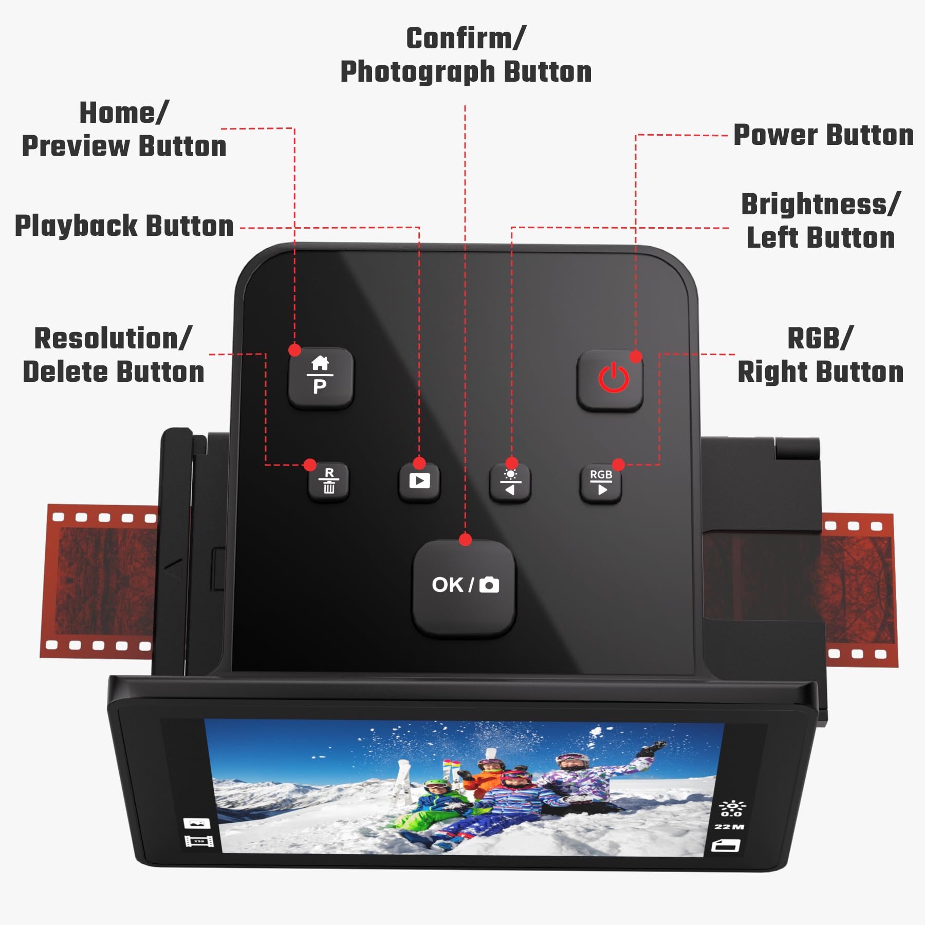 Digital Film & Slide Scanner with 5 Inch LCD Screen, Converts Color & B&W 135/110/126 KPK Negatives & Slides and Super 8 Slides into 22MP JPEG Photos