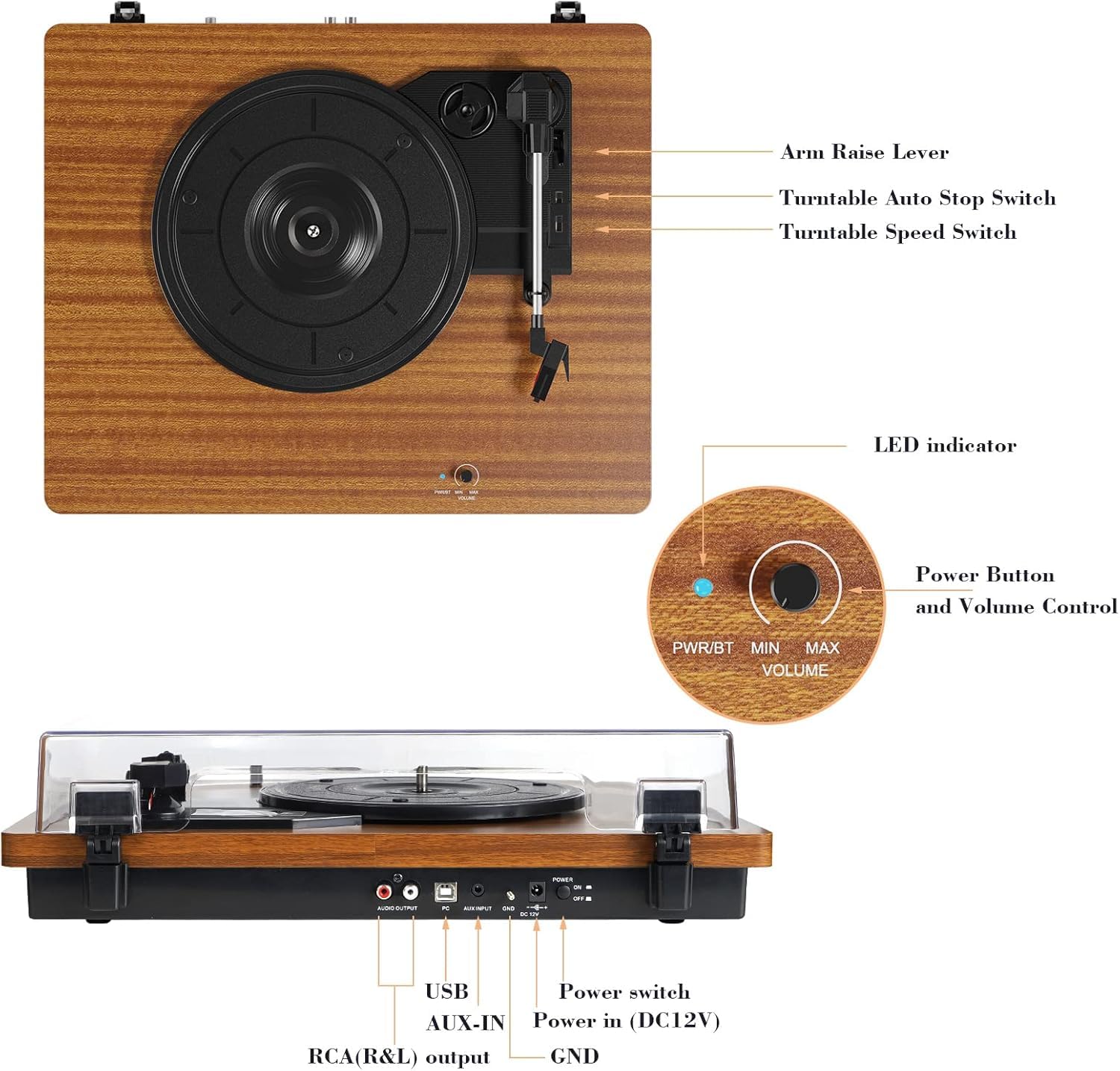 Bluetooth Record Player with Speaker, three speeds,support RCA Output