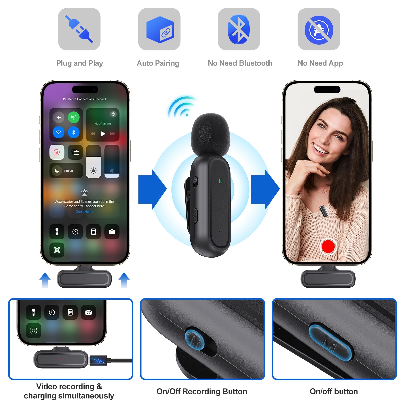 Wireless Lavalier Microphone for iPhone iPad Android PC with Adapter Included