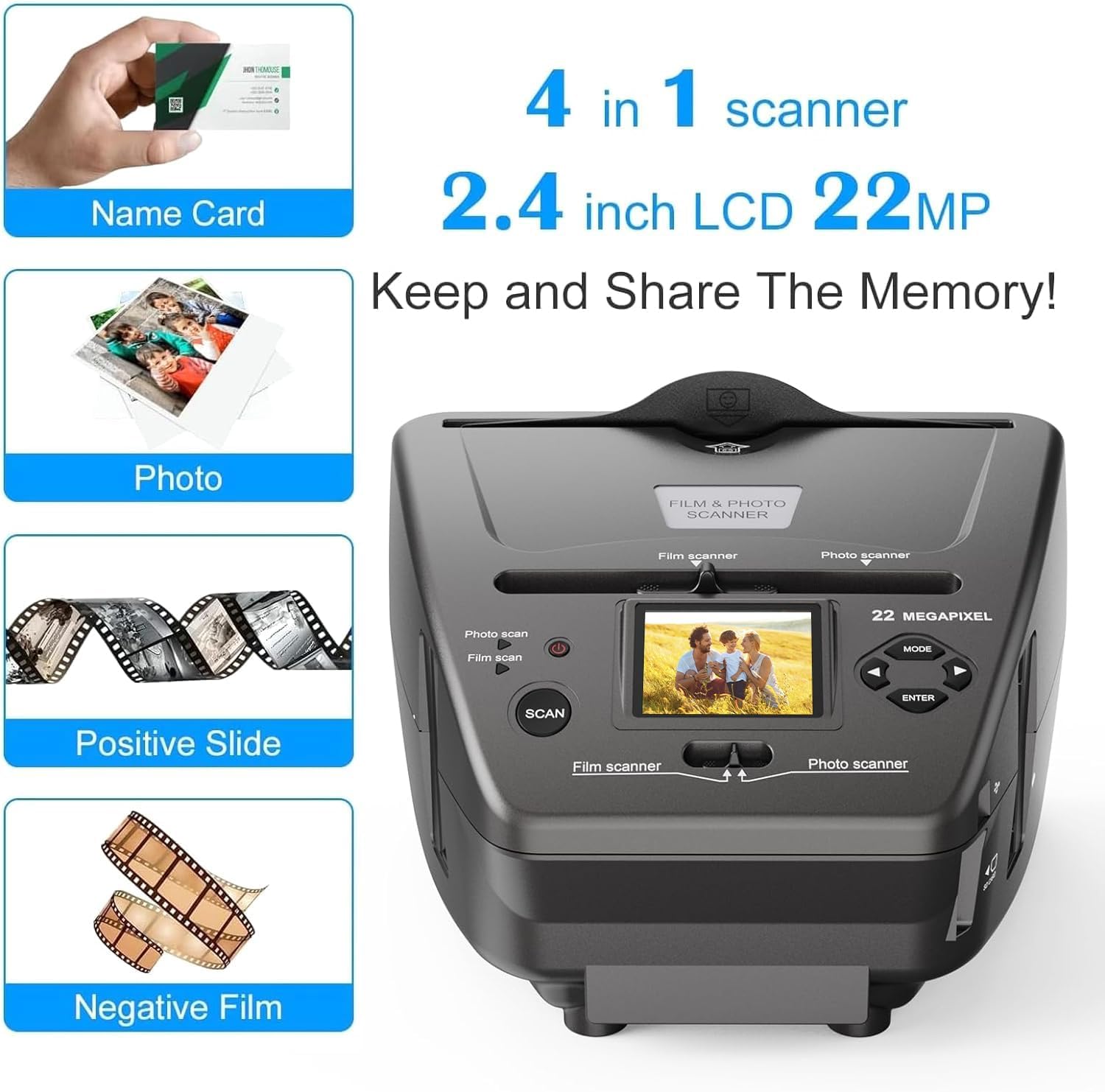 Photo and Slide Scanner with 2.4” LCD Screen, Convert Negatives & Slides 35mm/135 Film, Photo(3R,4R,5R), Business Card to High Resolution 22MP JPEG Digital Photos, 4GB SD Card Included-grey