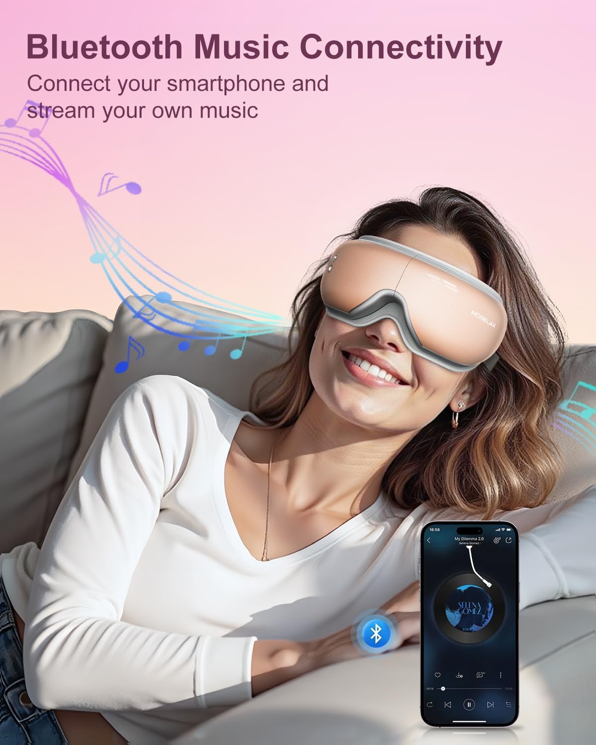 Morelax Eye Massager with Heat & Bluetooth Music, Birthday Gifts for Women, Reduce Eye Strain, Headache Relief and Improve Sleep, Eye Care Gift（Pink）