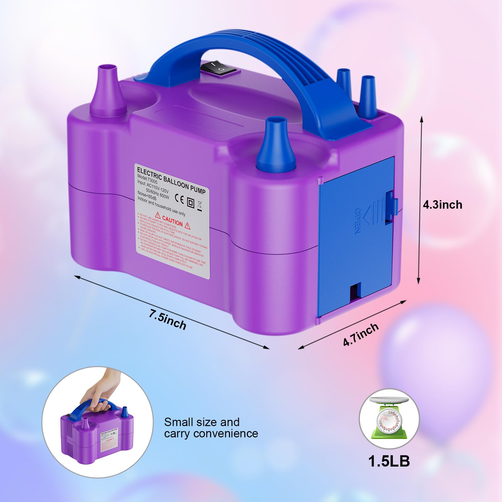 Electric Balloon Pump, Dual Nozzle Balloon Air Inflator -Purple