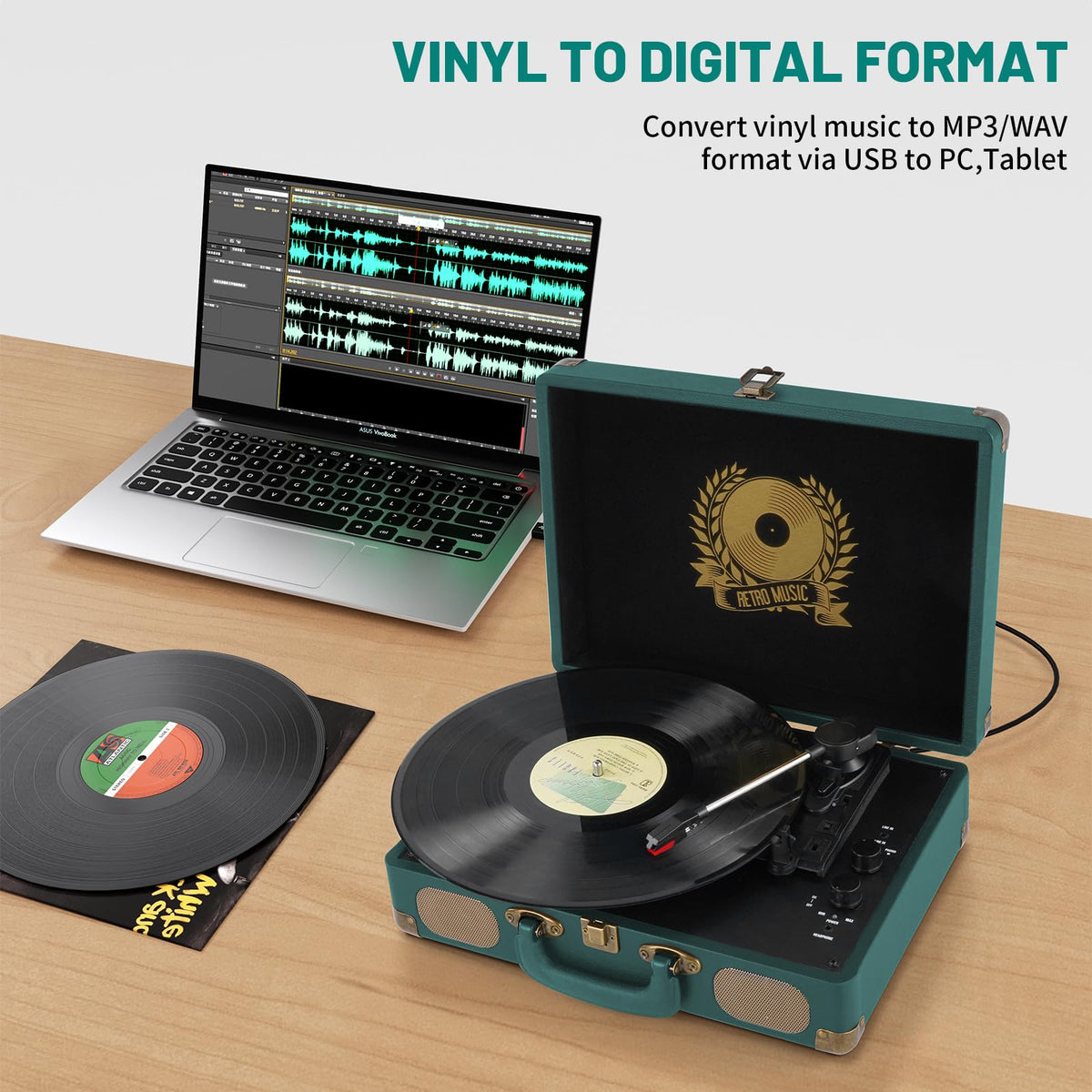 Vinyl Record Player Bluetooth Turntable 3-Speed Suitcase Portable Vintage Belt-Driven Record Player with Built-in Speakers RCA Line Out AUX in Headphone Jack Hunter Green