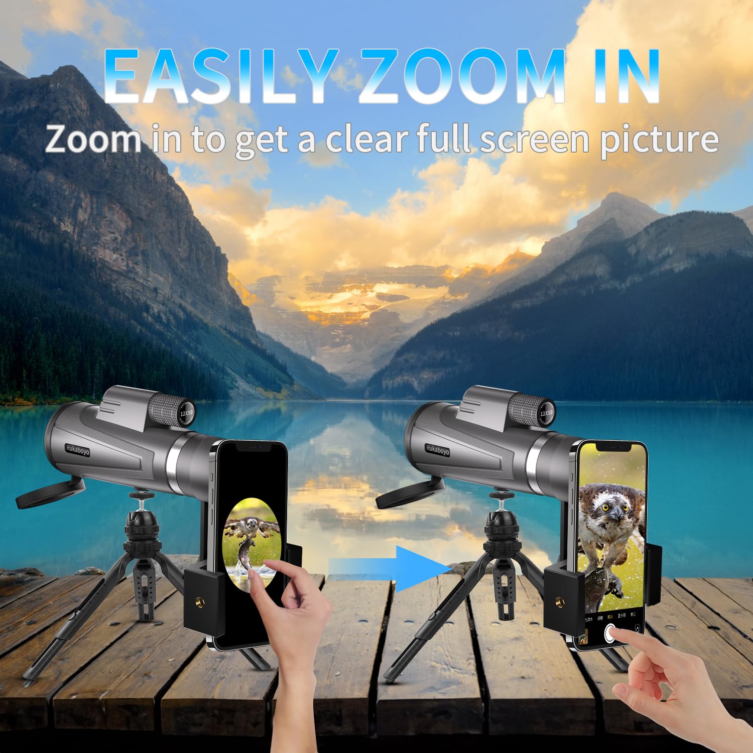 12X50 HD Monocular Telescope High Powered with Smartphone Adapter &Tripod - BAK4 Prism Monocular for Wildlife Bird Watching Hunting Travel Camping Stargazing Hiking(Black)