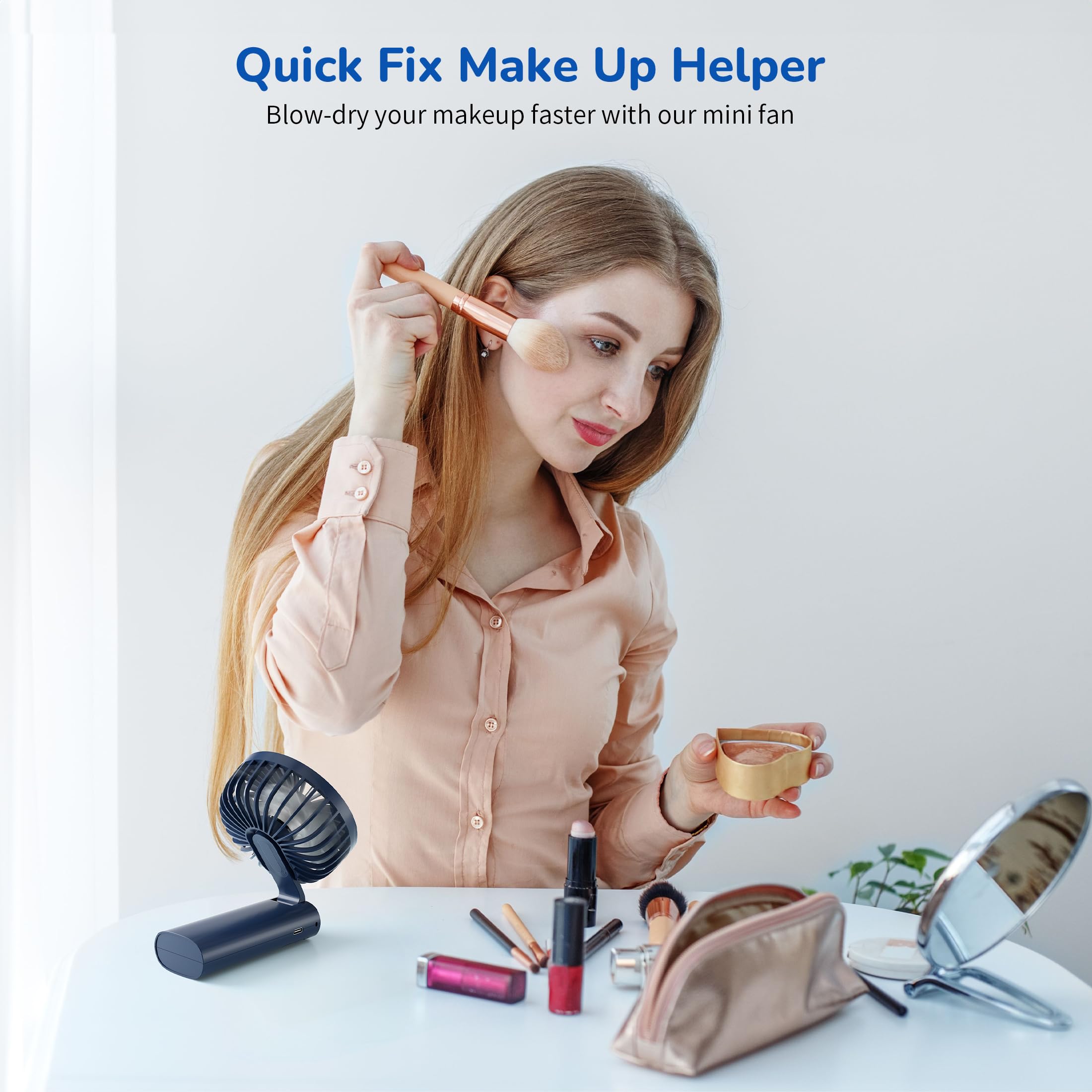 Portable Handheld Fan, USB Rechargeable Foldable Mini Personal Fan, 5200mAh, 180 Adjustable, 6 Speed Wind, 3 IN 1 Hand Cooling Desk Fan with LED Display for Home Office School Outdoor Travel, Blue