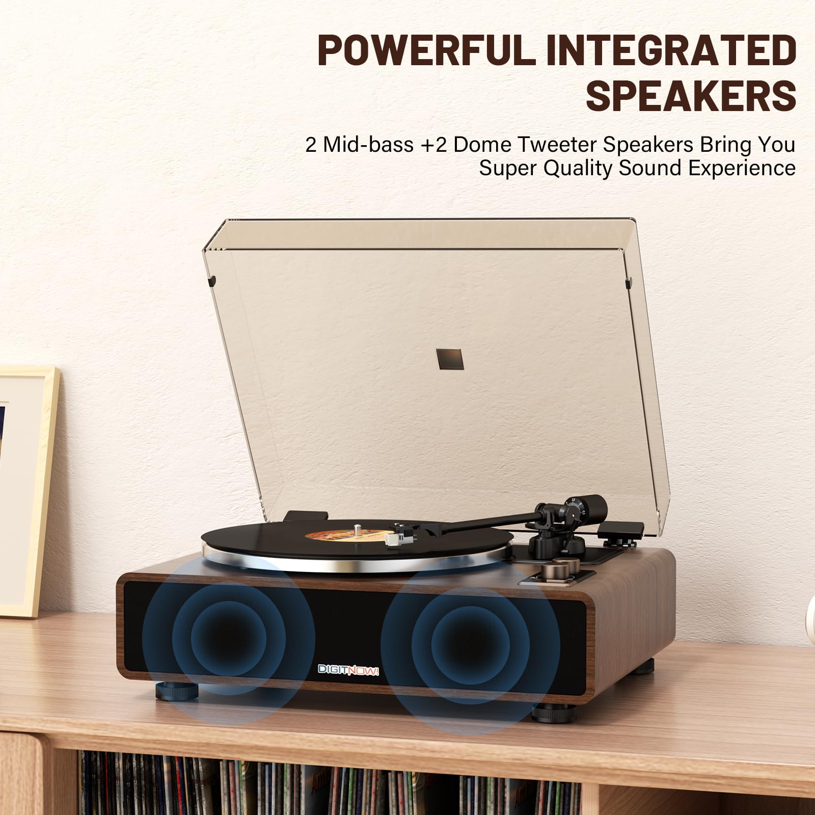 DIGITNOW Vinyl Record Player with Magnetic Cartridge, High Fidelity Belt Drive Turntable with Built-in Speakers & Phono Preamp, Wireless Playback and Aux-in Functionality, Auto Off