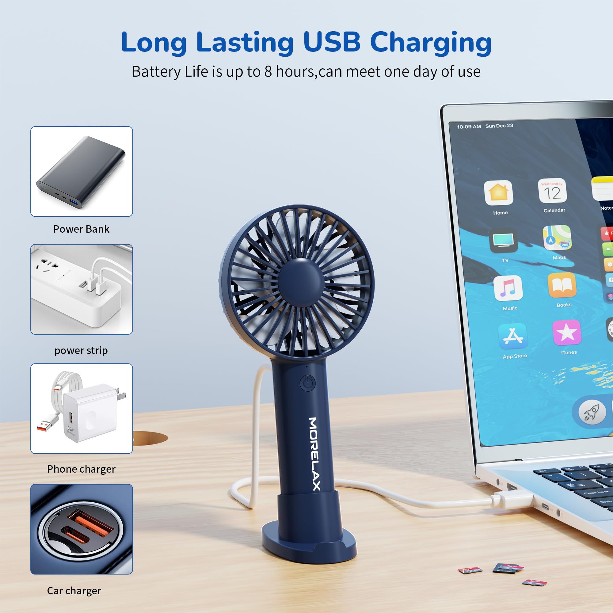 Jancane Handheld Fan, USB Rechargeable Mini Portable Fan with Base, 10H Battery, Strong Wind, Small & Powerful, Cute Design for Travel, Makeup, Girls Women Summer Gift (Dark Blue)