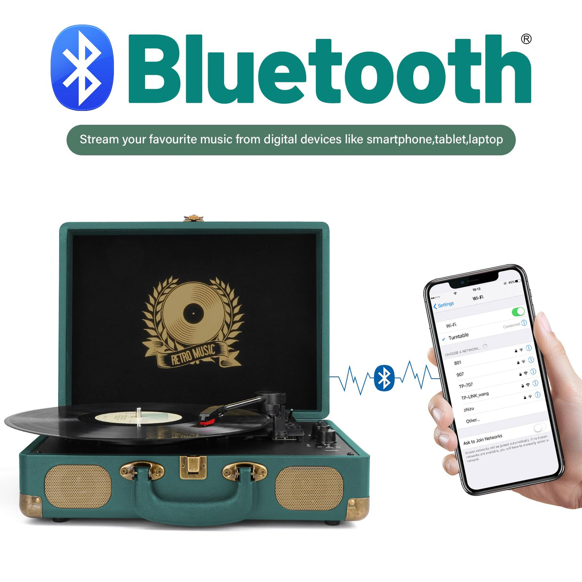 Vinyl Record Player Bluetooth Turntable 3-Speed Suitcase Portable Vintage Belt-Driven Record Player with Built-in Speakers RCA Line Out AUX in Headphone Jack Hunter Green