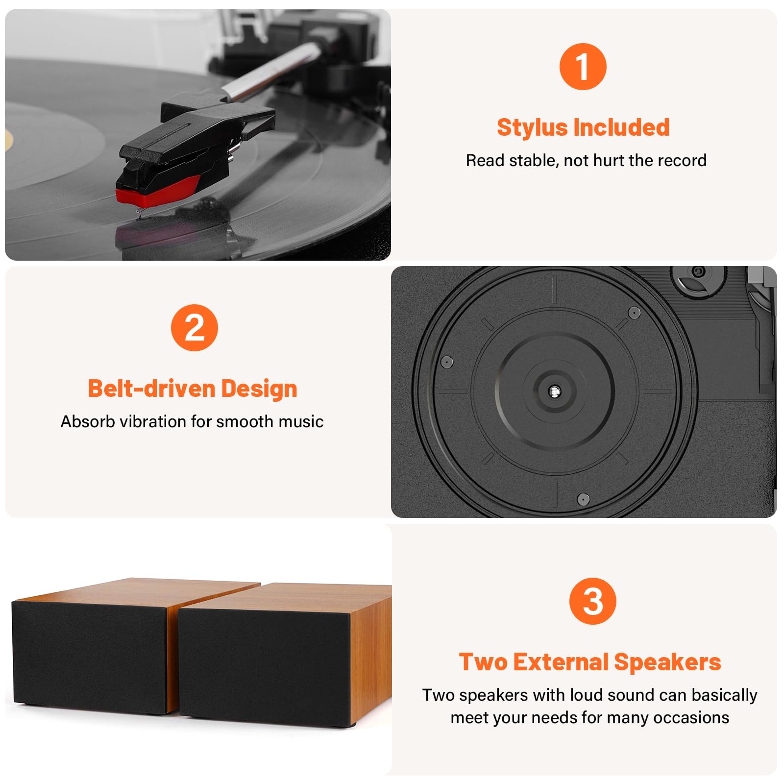 Retro Vinyl Record Player Bluetooth Desktop Phonograph Belt-Drive Turntable with External Speakers,Dual Stereo Speakers LP Players AUX Headphone Input RCA Out, 3 Speeds 3 Sizes Wood Orange