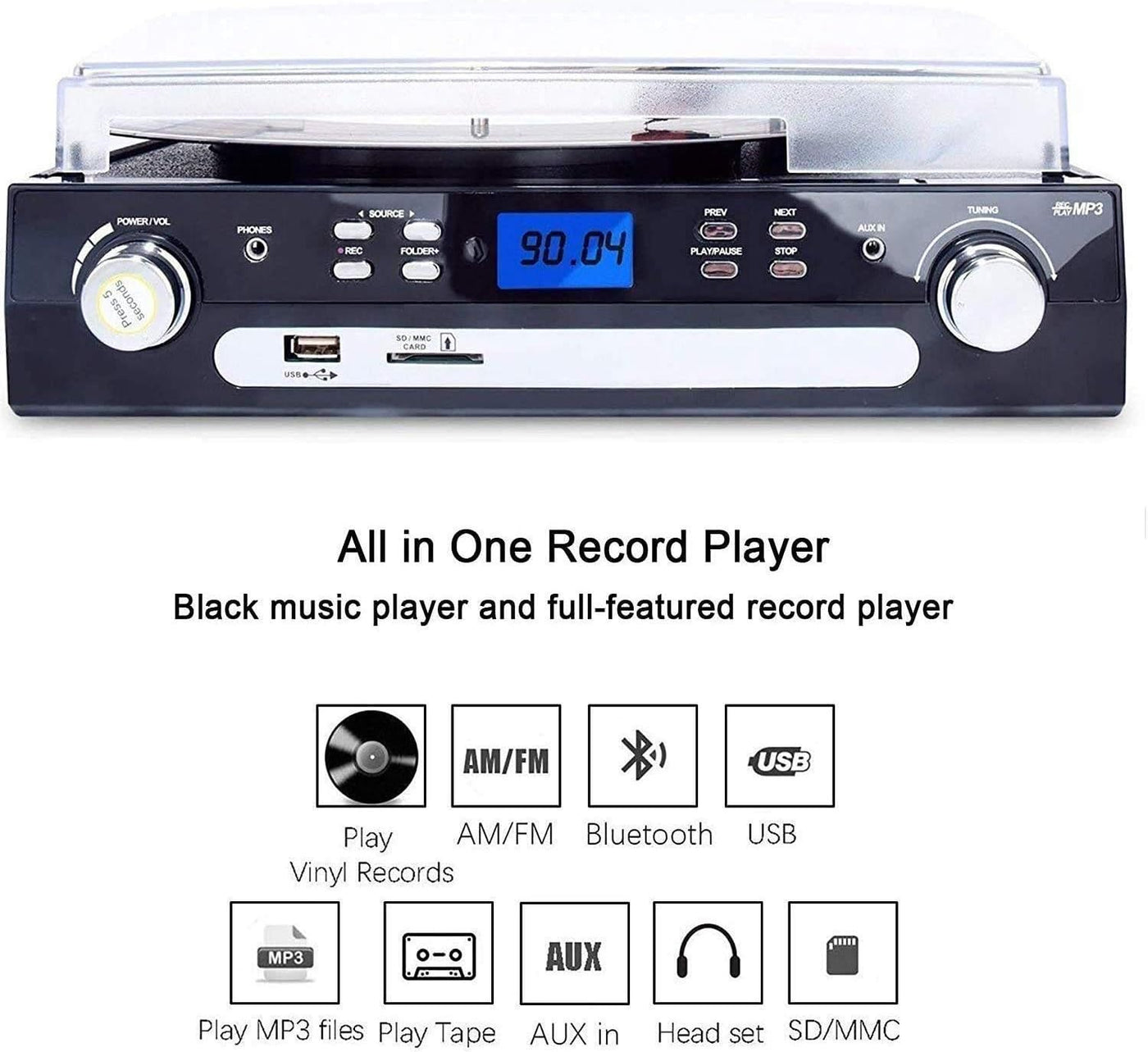 Blueooth Record Player with Speakers,Support Cassette Play, AM/FM Radio ...