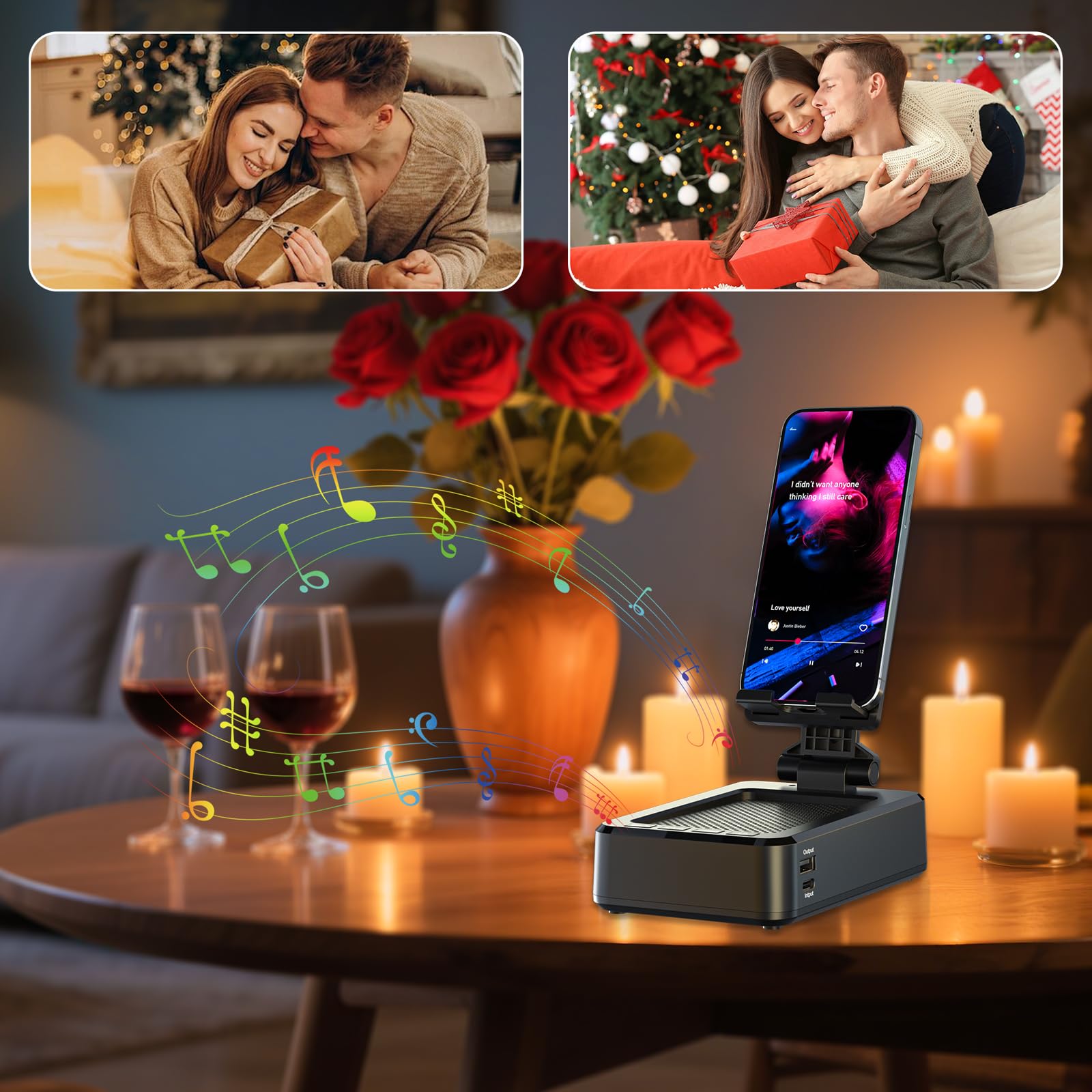 Cell Phone Stand with Wireless Bluetooth Speaker and Charging, Anti-Slip Base HD Surround Sound, Perfect for Home/Outdoor, Phone Holder Compatible with iPhone/ipad/Samsung Galaxy, Gifts for Men Women