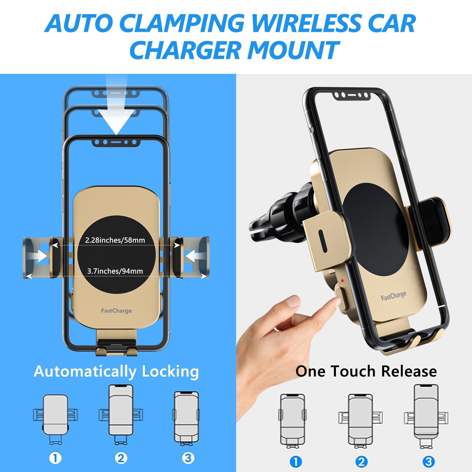 Wireless Car Charger,Fast Charging 15W Auto Clamping Car Charger(Gold)