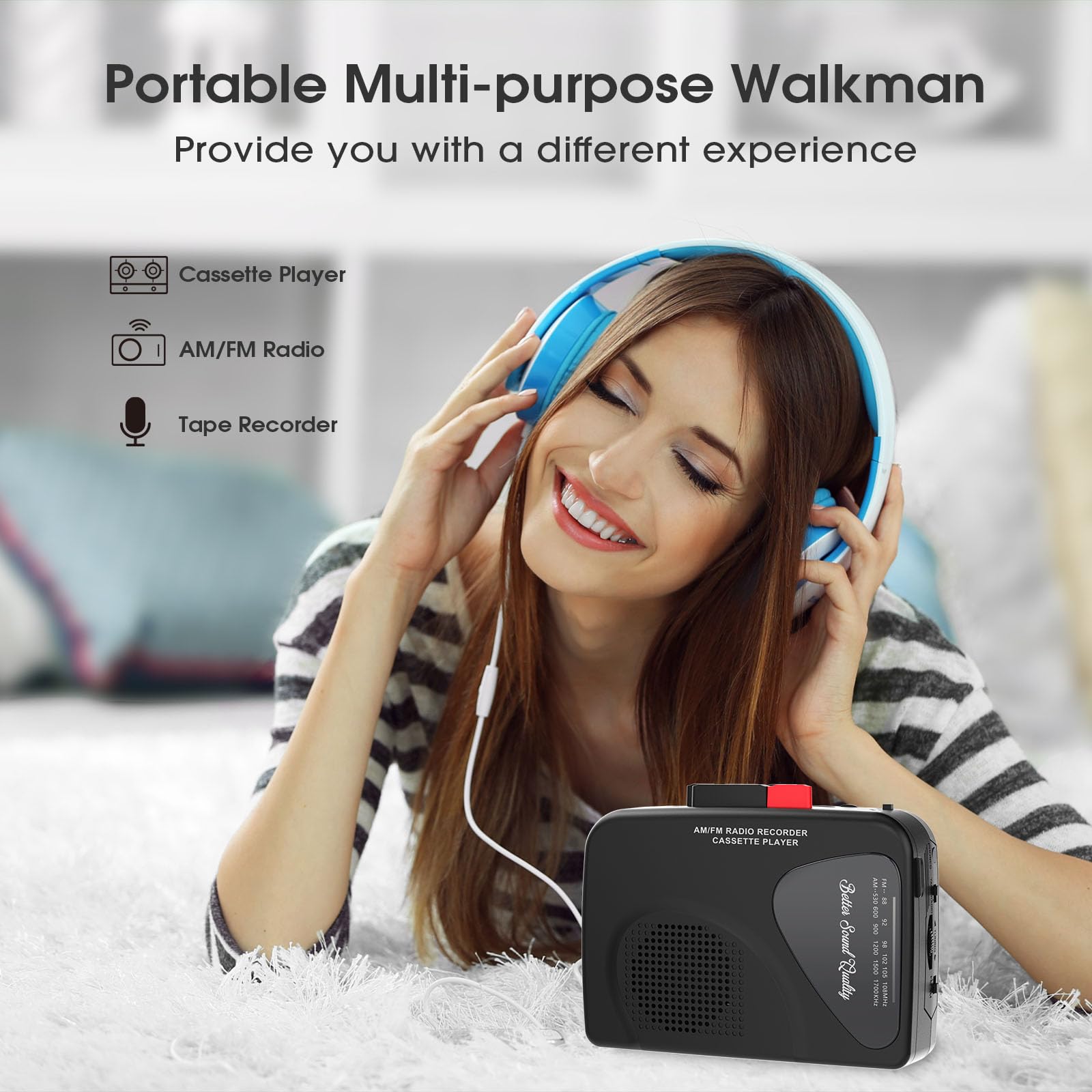 Walkman Cassette Players Recorders AM/FM Radio, Portable Tape Player Records to Tape Built in Speakers Manual Record - 2AA Battery Or DC 5V Supply with 3.5MM Earphone- Black