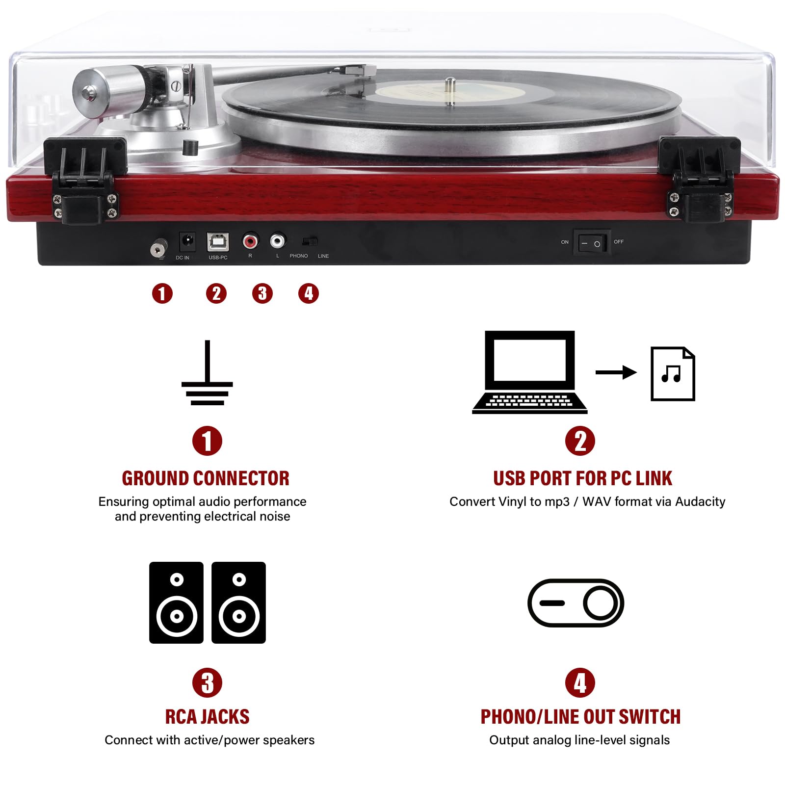 Vinyl Record Player Belt-Drive Turntable for Vinyl Records with Bluetooth Connectivity, USB Digital Output, Magnetic Cartridge & Adjustable Counterweight, AT-3600L, 33 or 45 RPM-red