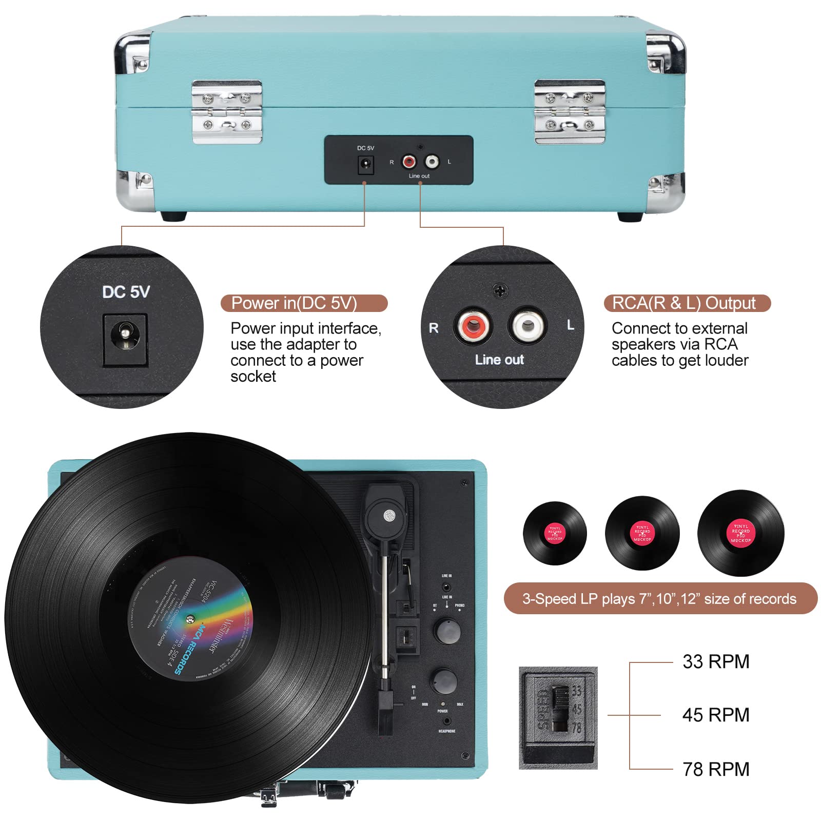 Vinyl Record Player Wireless Turntable Bluetooth 3-Speed Portable Vintage Suitcase with Built-in Speakers, Includes Extra Stylus/RCA Out/AUX IN