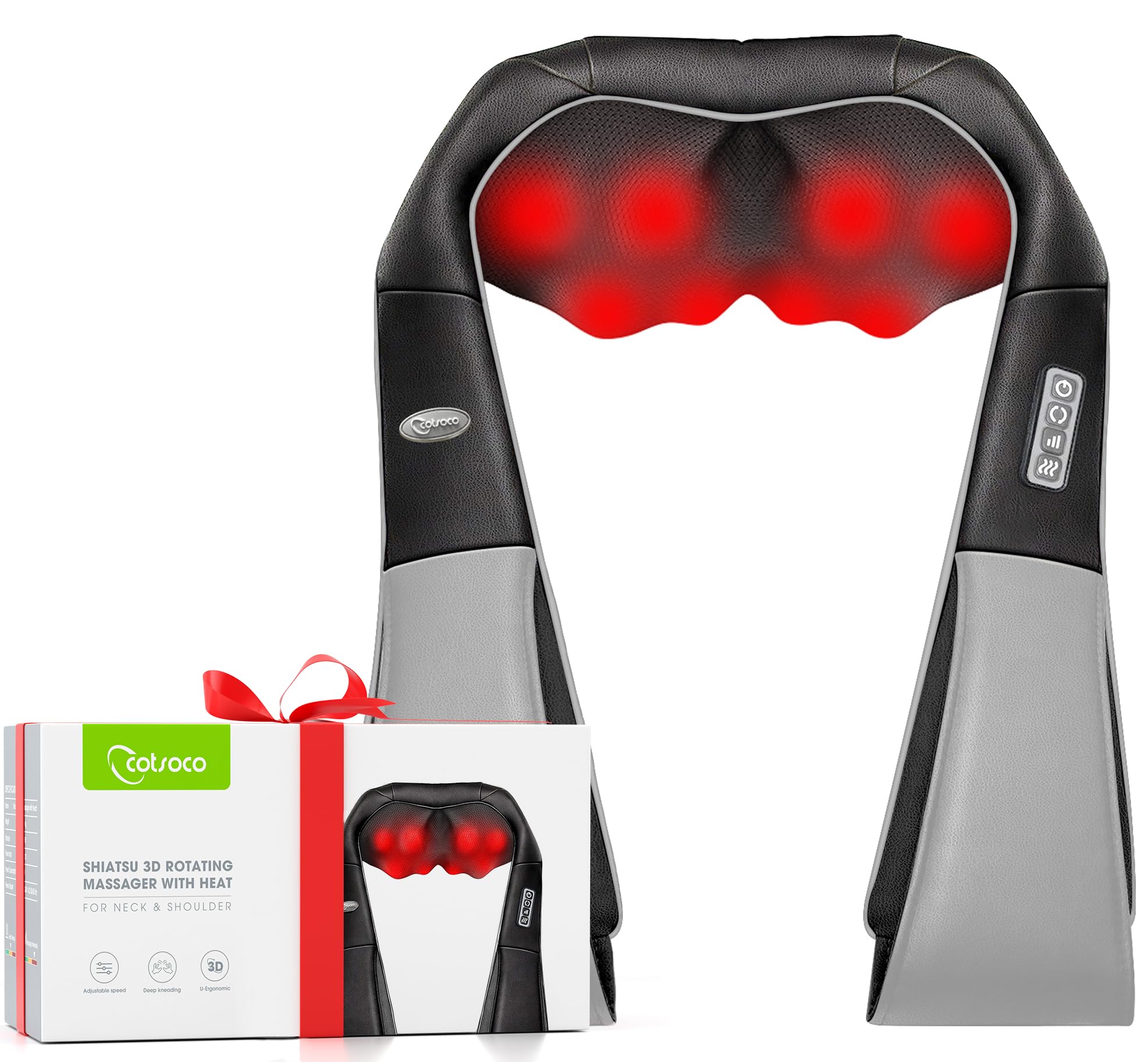 cotsoco Neck Massager, Shiatsu Neck and Back Massager with Heat for Pain Relief, Deep Tissue 3D Kneading Massage Pillow, Relaxation Gifts for Men and Women, Gifts for Dad, Elderly,Wife（Gray）