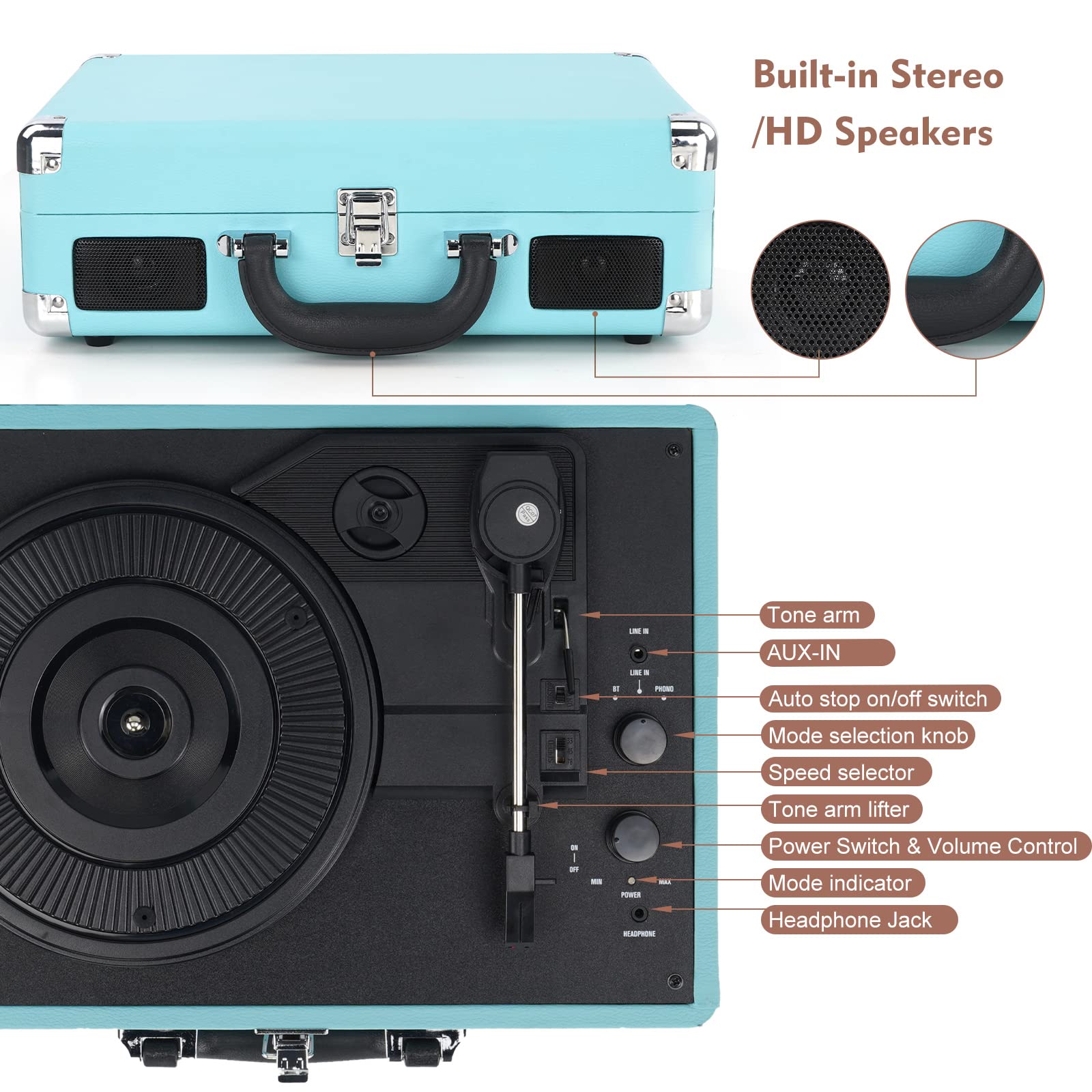 Vinyl Record Player Wireless Turntable Bluetooth 3-Speed Portable Vintage Suitcase with Built-in Speakers, Includes Extra Stylus/RCA Out/AUX IN