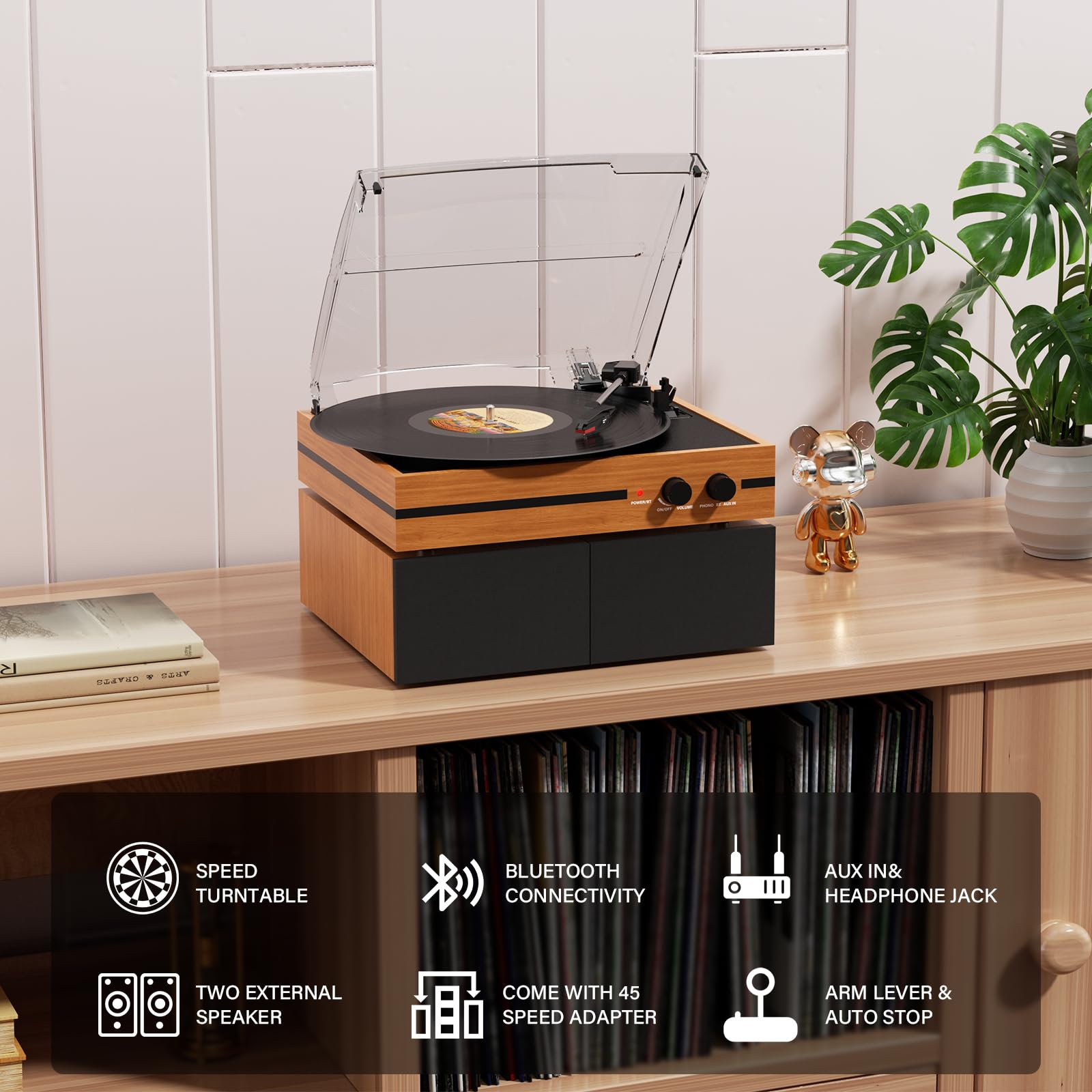 Retro Vinyl Record Player Bluetooth Desktop Phonograph Belt-Drive Turntable with External Speakers,Dual Stereo Speakers LP Players AUX Headphone Input RCA Out, 3 Speeds 3 Sizes Wood Orange