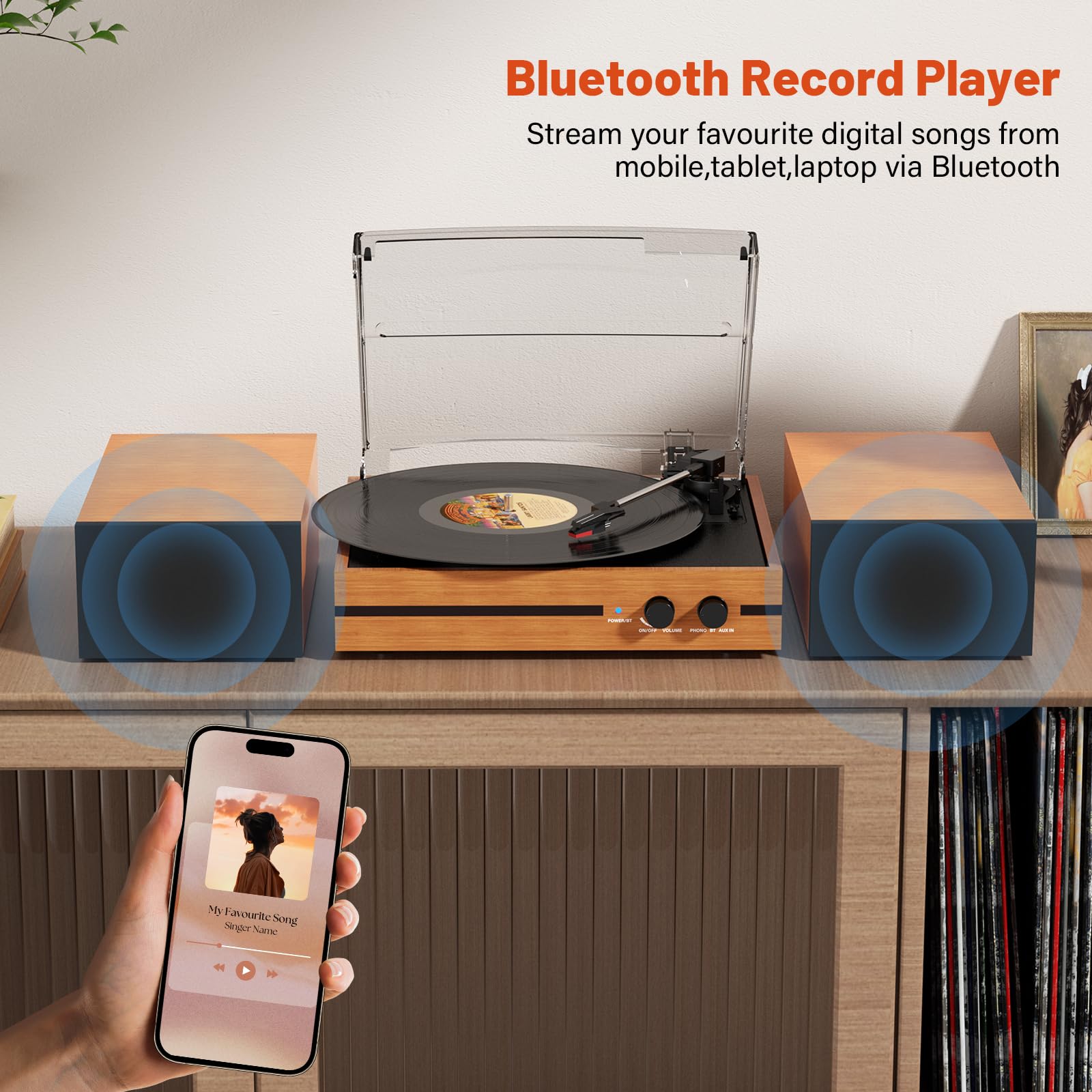 Retro Vinyl Record Player Bluetooth Desktop Phonograph Belt-Drive Turntable with External Speakers,Dual Stereo Speakers LP Players AUX Headphone Input RCA Out, 3 Speeds 3 Sizes Wood Orange