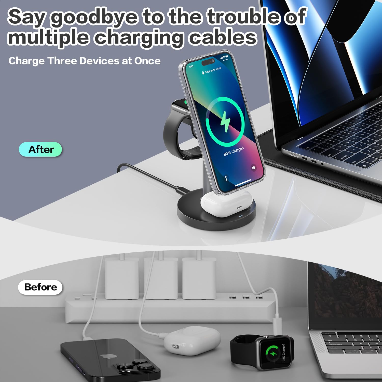 3 in 1 Wireless Charging Station Compatible with MagSafe, 15W Fast Charging Magnetic Mag-Safe Charger Stand for Apple iPhone 17 16 15 14 13 12Series Apple Watch AirPods Pro 4 3 2, Gifts for Men Women