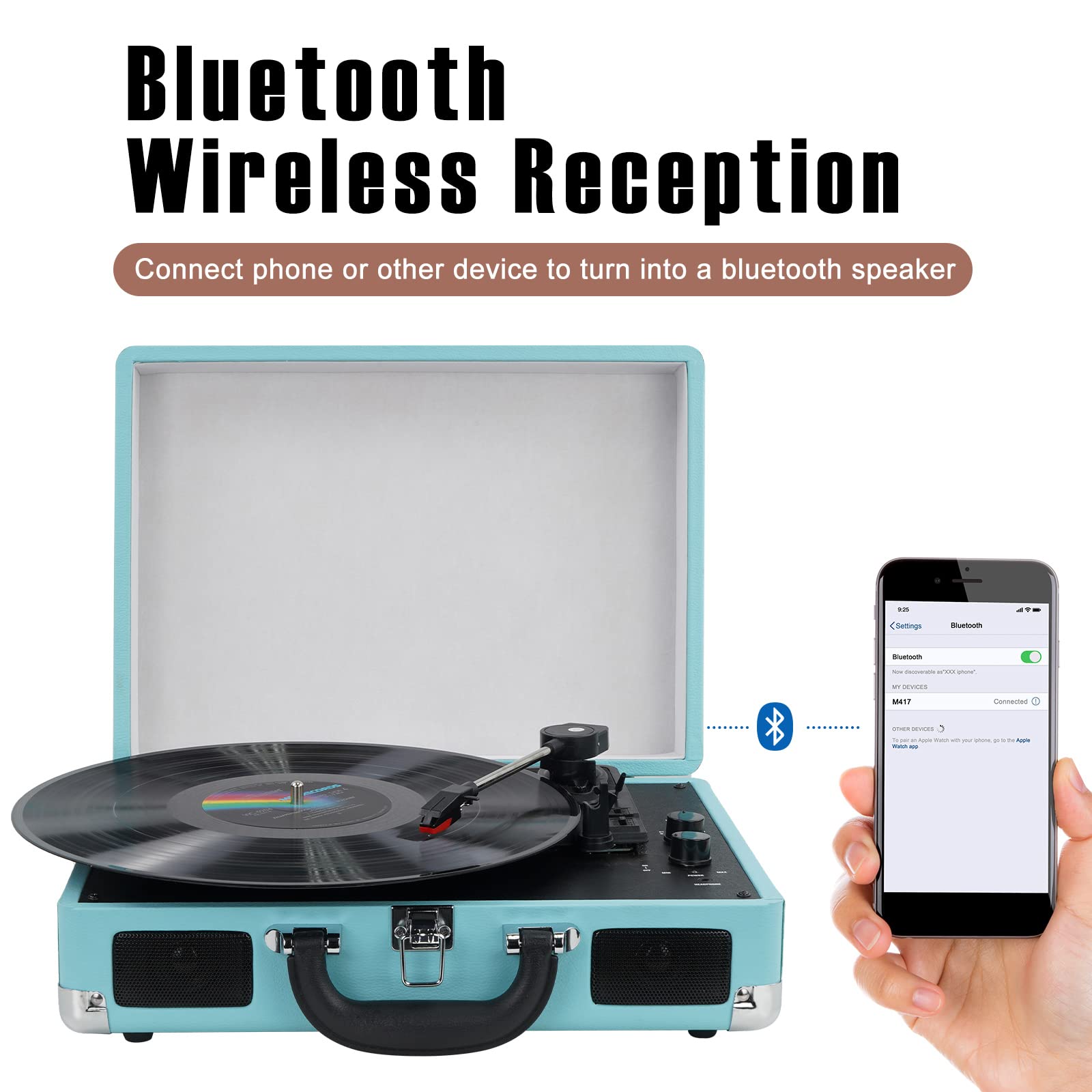 Vinyl Record Player Wireless Turntable Bluetooth 3-Speed Portable Vintage Suitcase with Built-in Speakers, Includes Extra Stylus/RCA Out/AUX IN