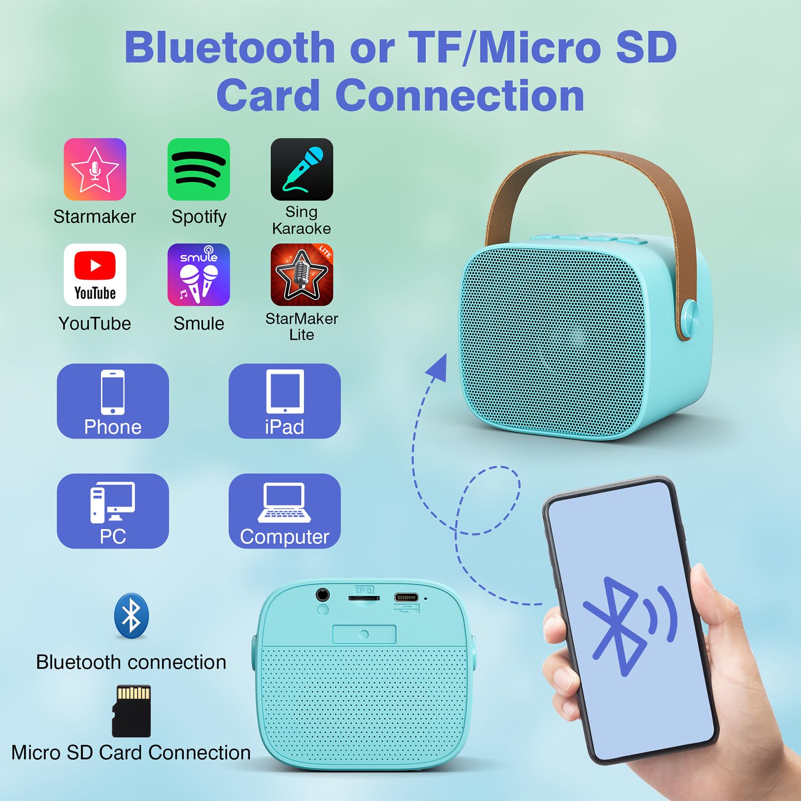 Portable Bluetooth Karaoke Speaker with 2 Wireless Microphones(Blue)