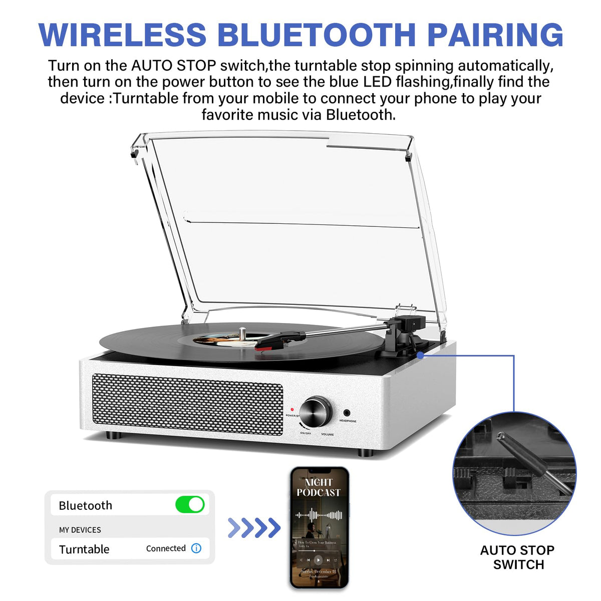 Vinyl Record Player with 2 Stereo Speakers Belt-Driven Vintage Turntables 3 Speed 3 Size Wireless Bluetooth Playback AUX-in RCA Out Headphone LP Vinyl Players Auto Stop Pale Silver