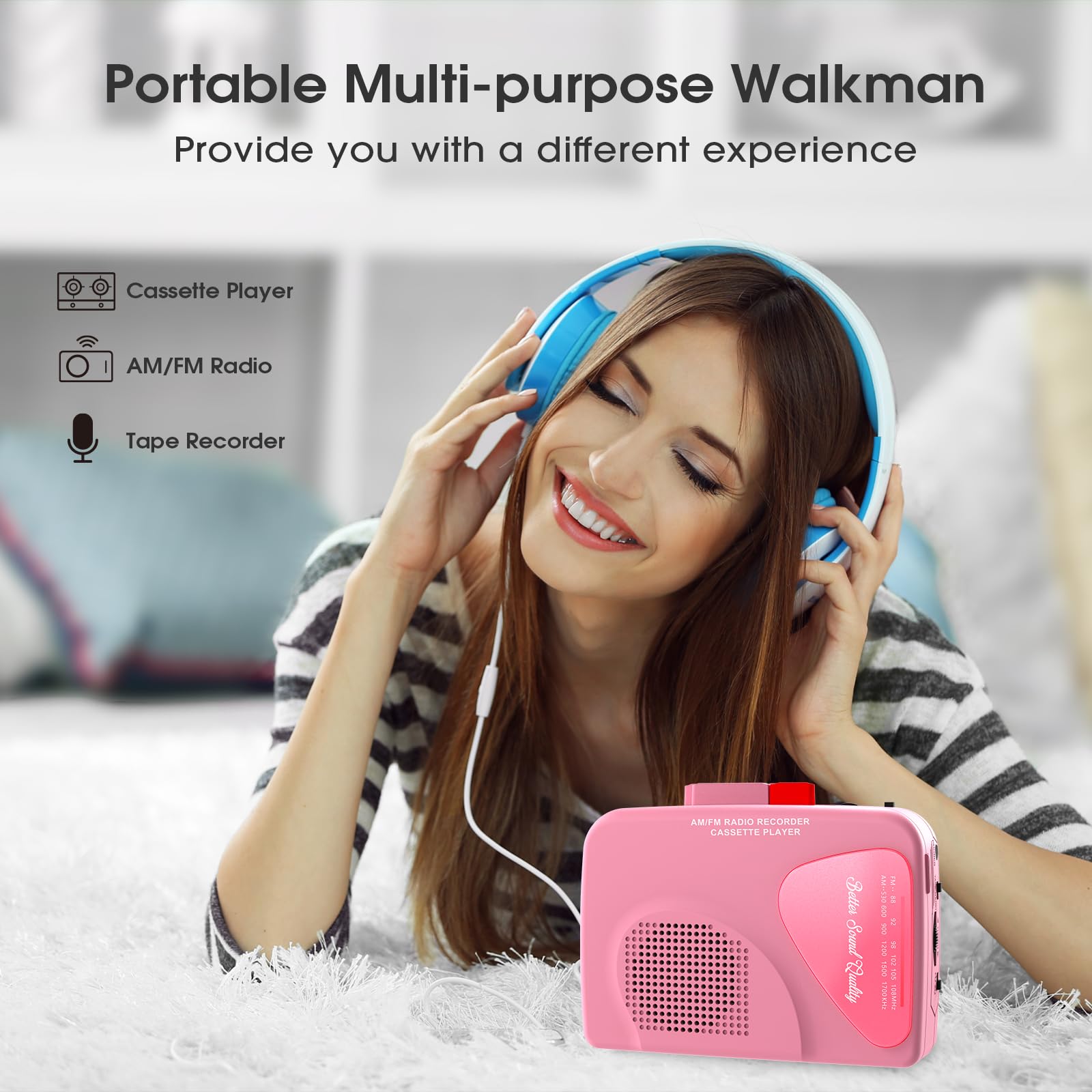 Walkman Cassette Players Recorders AM/FM Radio, Portable Tape Player Records to Tape Built in Speakers Manual Record - 2AA Battery Or DC 5V Supply with 3.5MM Earphone- Pink