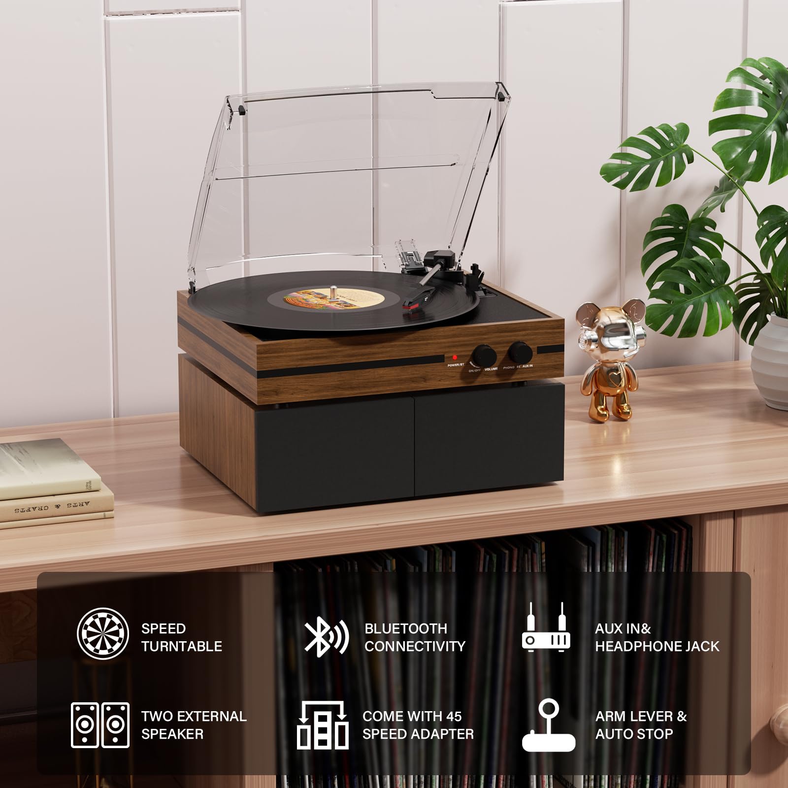 Retro Vinyl Record Player Bluetooth Desktop Phonograph Belt-Drive Turntable with External Speakers,Dual Stereo Speakers LP Players AUX Headphone Input RCA Out, 3 Speeds 3 Sizes Wood Brown