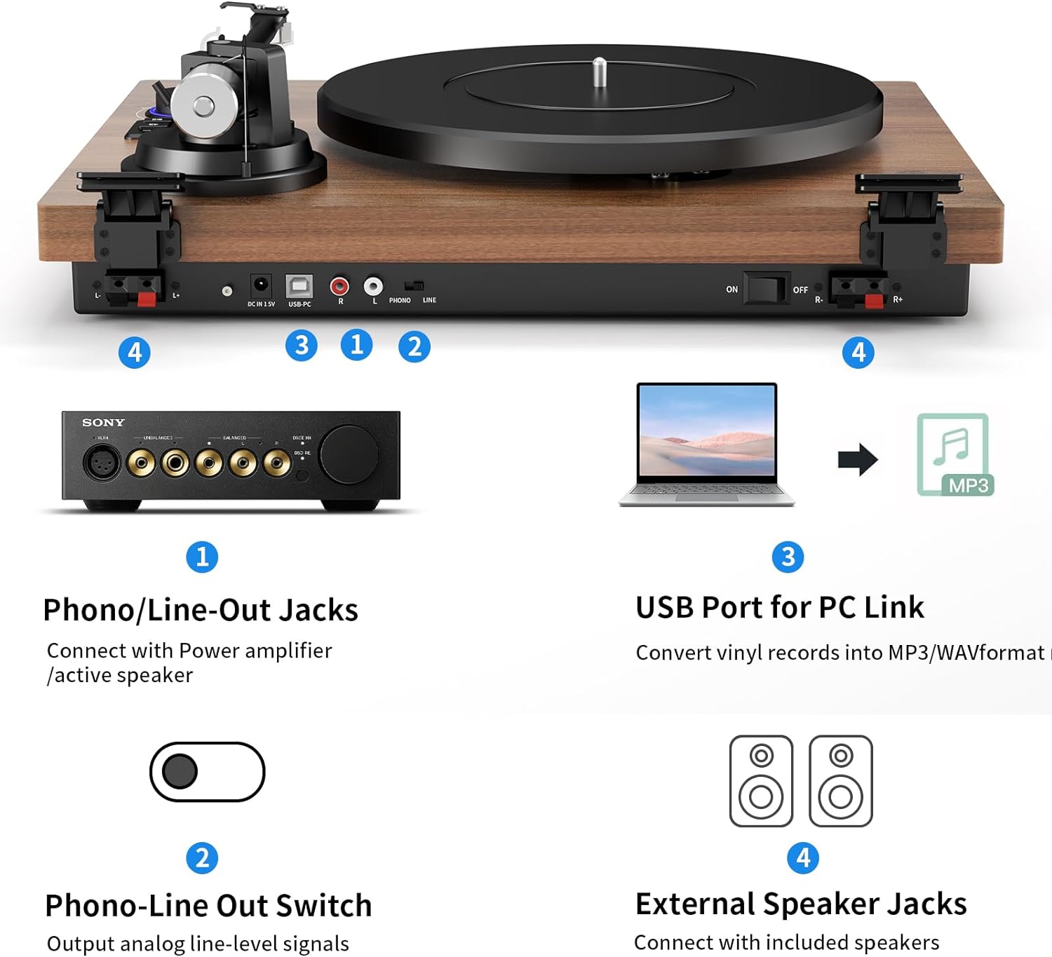 Bluetooth Turntable with Speaker, Compact Stereo System and Adjustable Counterweight, RCA Output