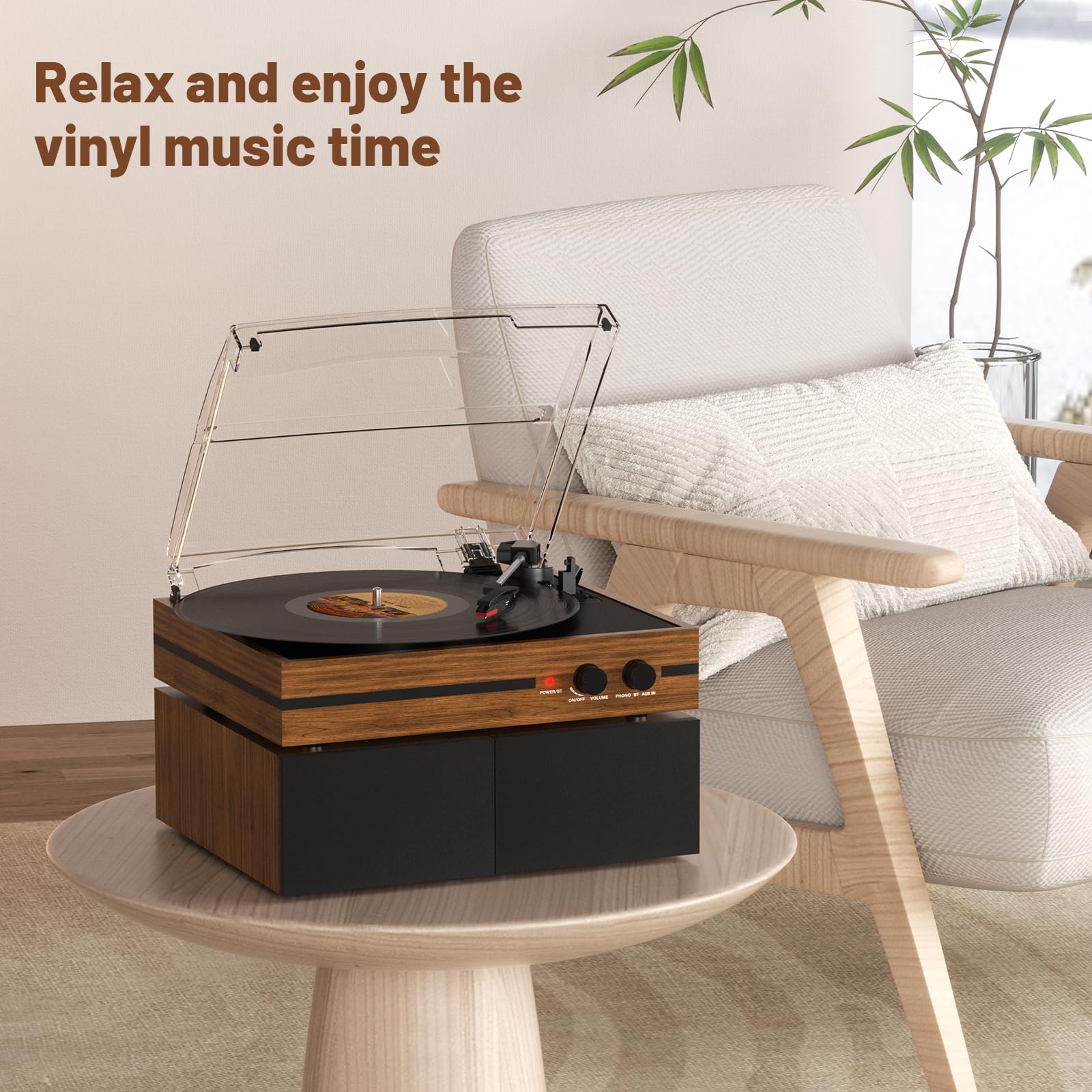 Retro Vinyl Record Player Bluetooth Desktop Phonograph Belt-Drive Turntable with External Speakers,Dual Stereo Speakers LP Players AUX Headphone Input RCA Out, 3 Speeds 3 Sizes Wood Brown