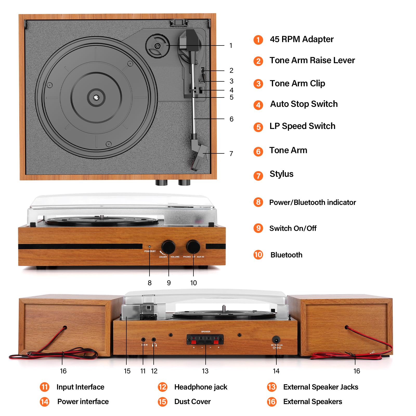 Retro Vinyl Record Player Bluetooth Desktop Phonograph Belt-Drive Turntable with External Speakers,Dual Stereo Speakers LP Players AUX Headphone Input RCA Out, 3 Speeds 3 Sizes Wood Orange