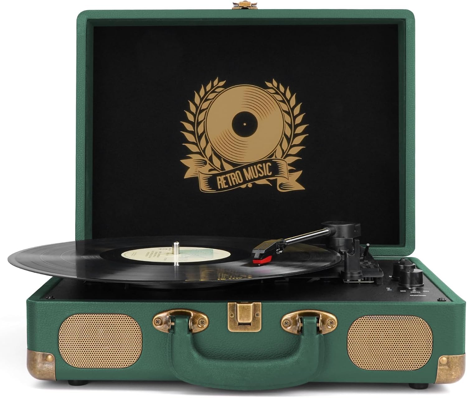 Vinyl Record Player Bluetooth Turntable 3-Speed Suitcase Portable Vintage Belt-Driven Record Player with Built-in Speakers RCA Line Out AUX in Headphone Jack Dark Hunter Green