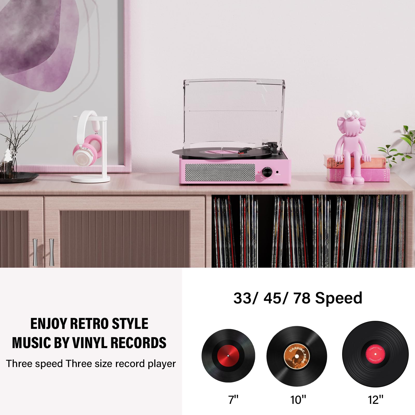 Vinyl Record Player with 2 Stereo Speakers Belt-Driven Vintage Turntables 3 Speed 3 Size Wireless Bluetooth Playback AUX-in RCA Out Headphone LP Vinyl Players Auto Stop Pale Pink