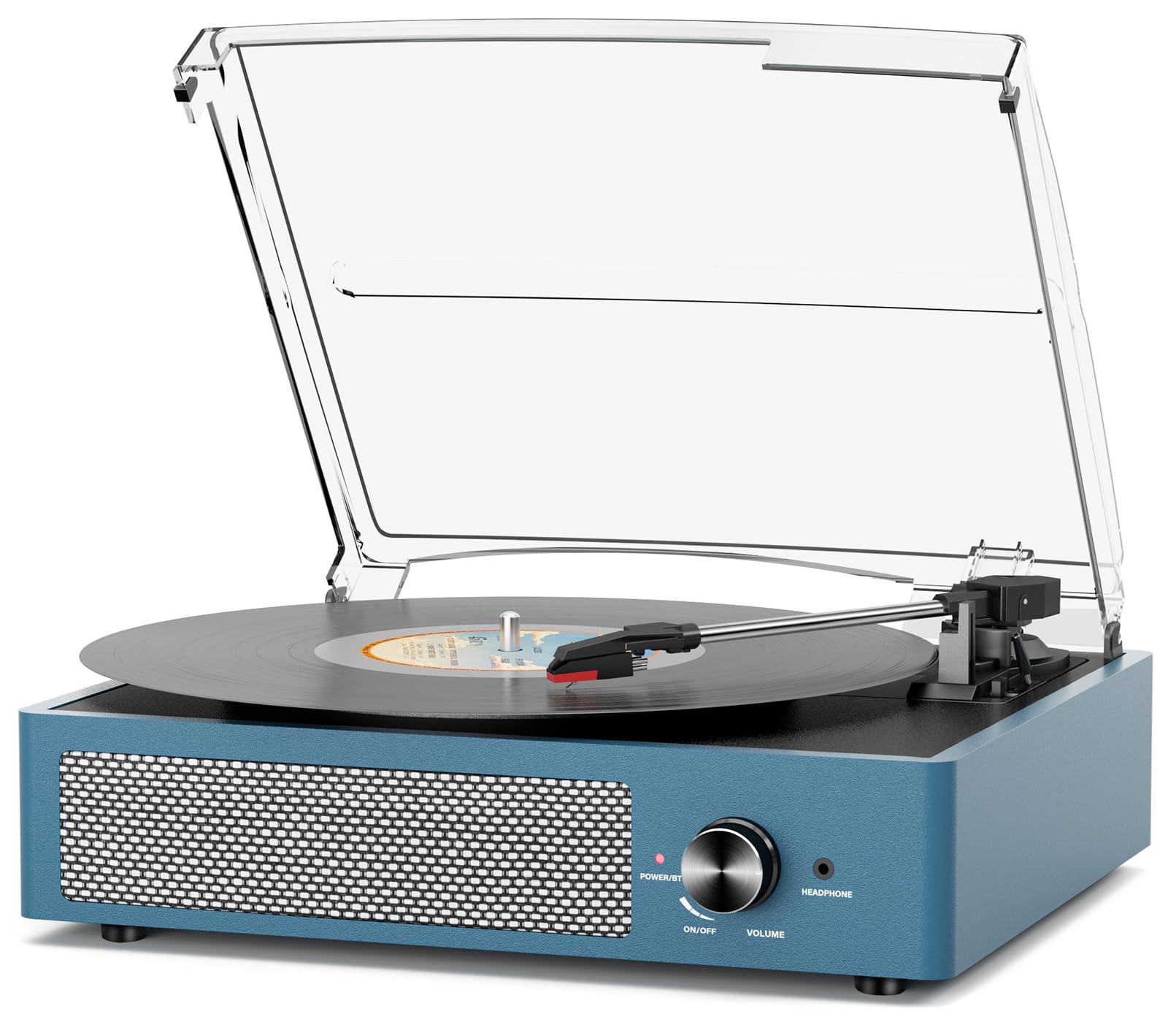 Vinyl Record Player with 2 Stereo Speakers Belt-Driven Vintage Turntables 3 Speed 3 Size Wireless Bluetooth Playback AUX-in RCA Out Headphone LP Vinyl Players Auto Stop Frosted Blue